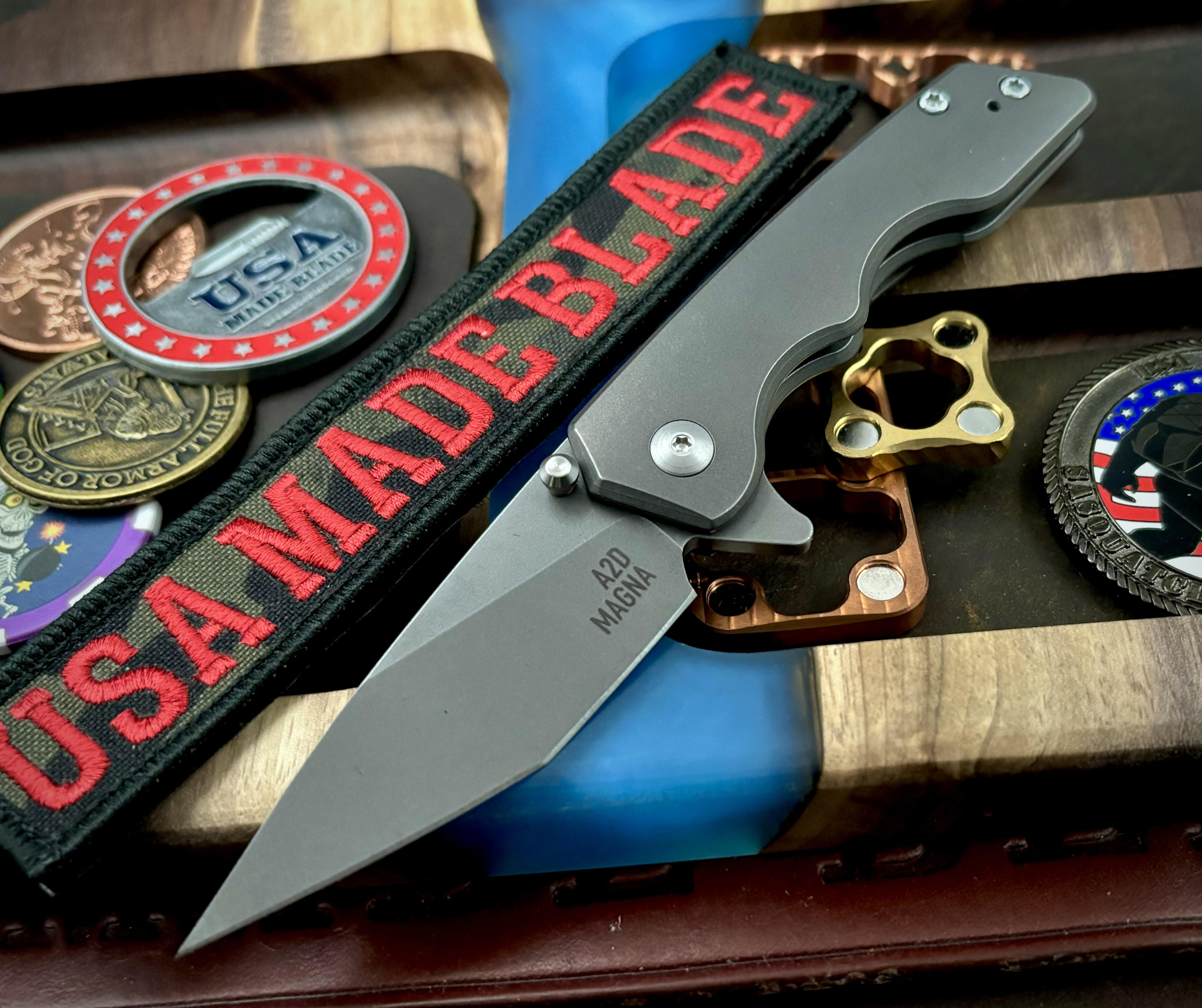 A2D Mark 3 Flipper Knife - Small Stonewashed Titanium Handle with Bearings & MagnaCut Blade | EDC Pocket Knife for Outdoor, Camping, and Everyday Carry