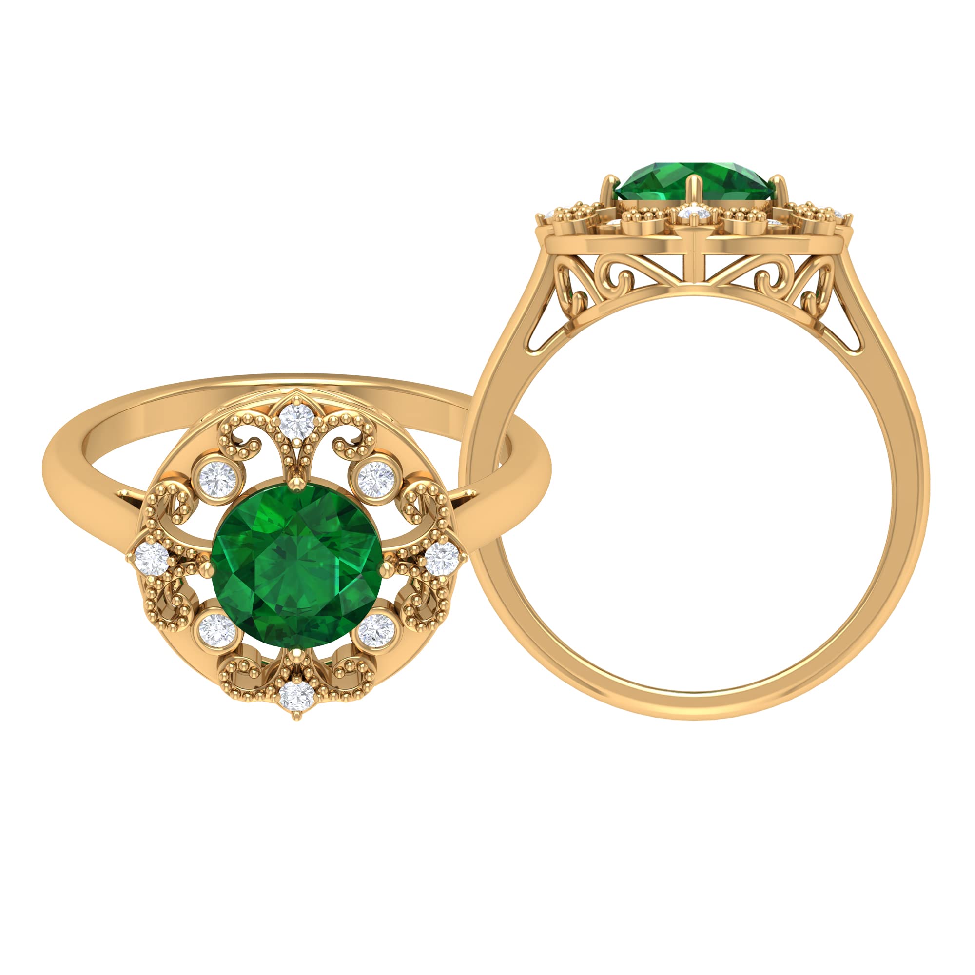 1.50 CT Natural Emerald & Moissanite Engagement Ring in 14K Solid Gold - Vintage Inspired Solitaire Ring with Gold Beaded Detail for Wedding, Anniversary & Special Occasions