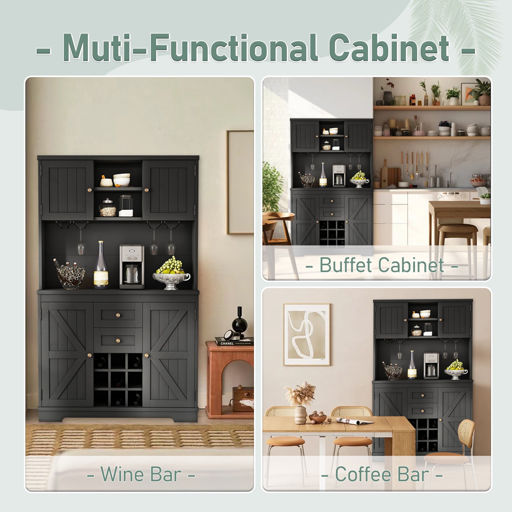 Farmhouse Coffee Bar Cabinet with Storage - Kitchen Buffet Cabinet with Drawers, Shelves & Wine Glass Racks - Rustic Dining Room Furniture for Kitchen, Bar & Entertaining - Black