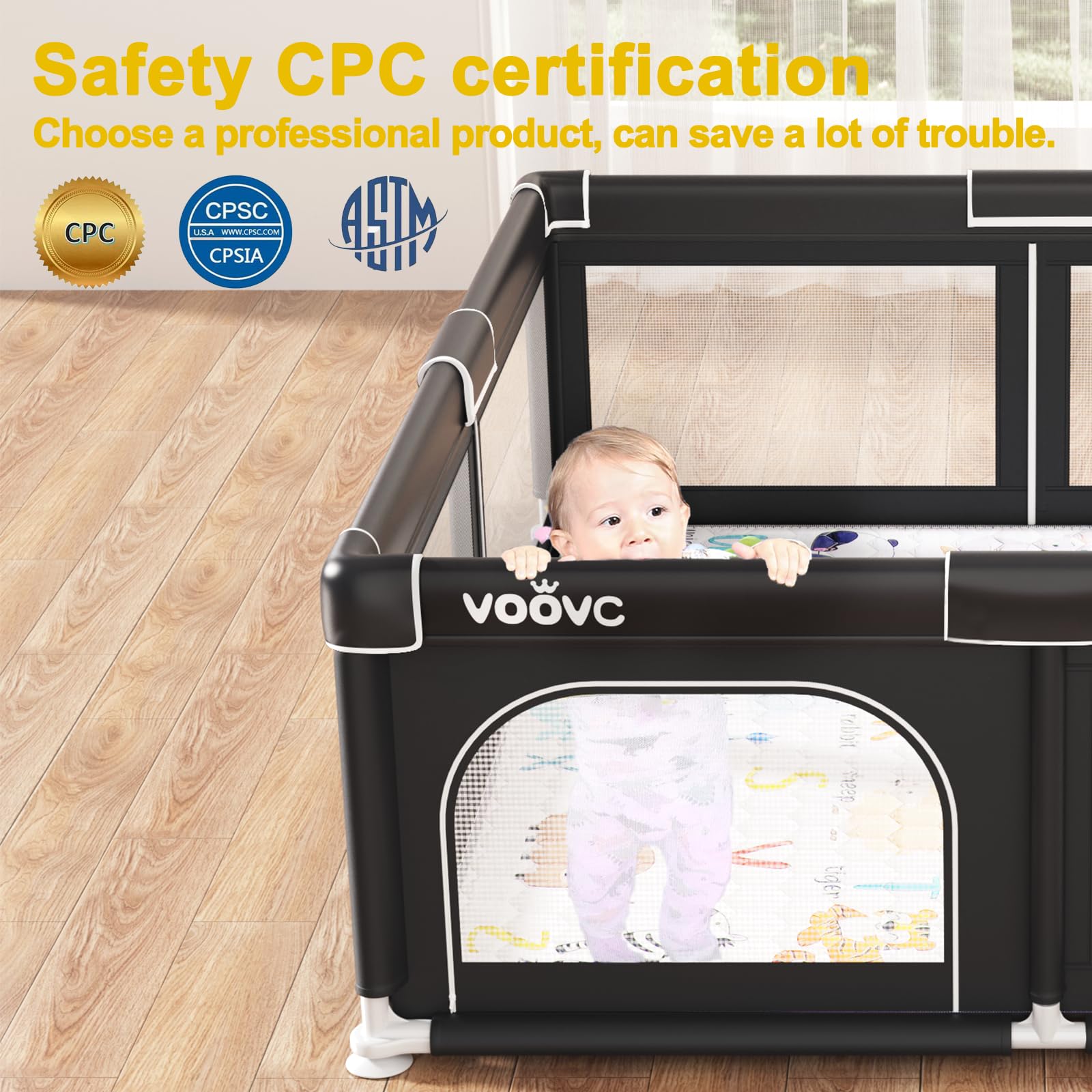 **Extra Large 71x60 Inches Black Baby Playpen with Mat - Safe Indoor & Outdoor Activity Center for Babies & Toddlers, Play Yard with Gate Prints - Perfect for Home, Daycare & Travel**