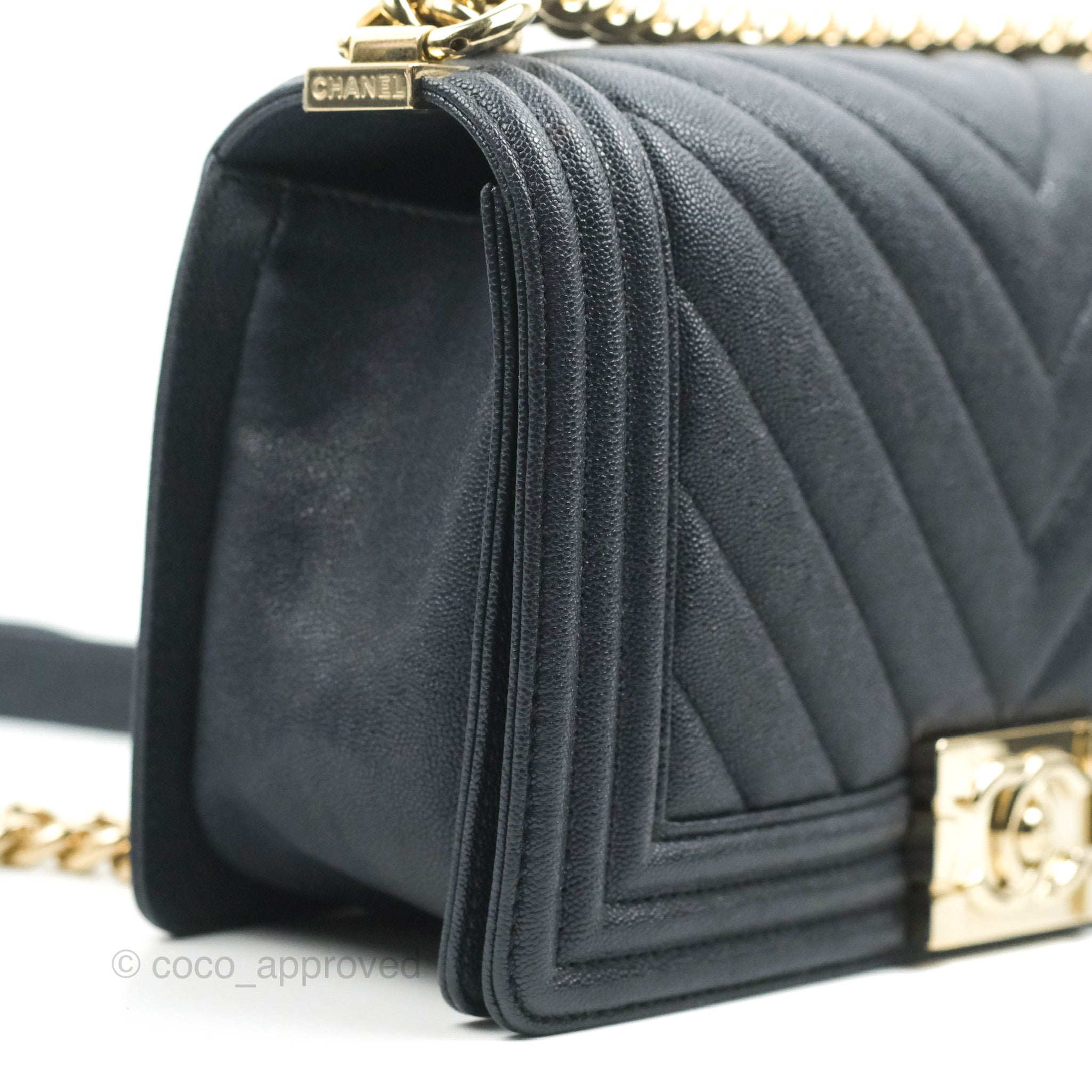 Chanel Chevron Medium Boy Bag in Dark Navy Caviar Leather with Gold Hardware - Luxury Crossbody Bag for Women, Perfect for Date Night & Evening Events