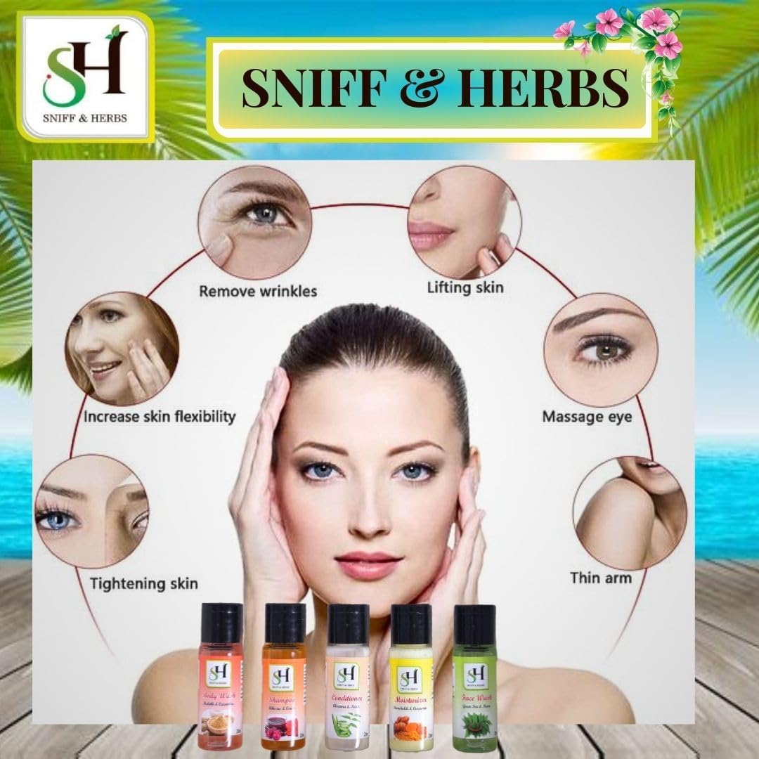 SNIFF & HERBS 10-Piece Travel Toiletries Set for Men & Women - Shampoo, Body Wash, Face Wash, Moisturizer, Conditioner, Toothpaste, Toothbrush, Shaving Gel, Razor, Comb & Travel Bag | Premium Hotel Guest Amenities Kit | Ideal for Travel, Gifts & Hospitality Use