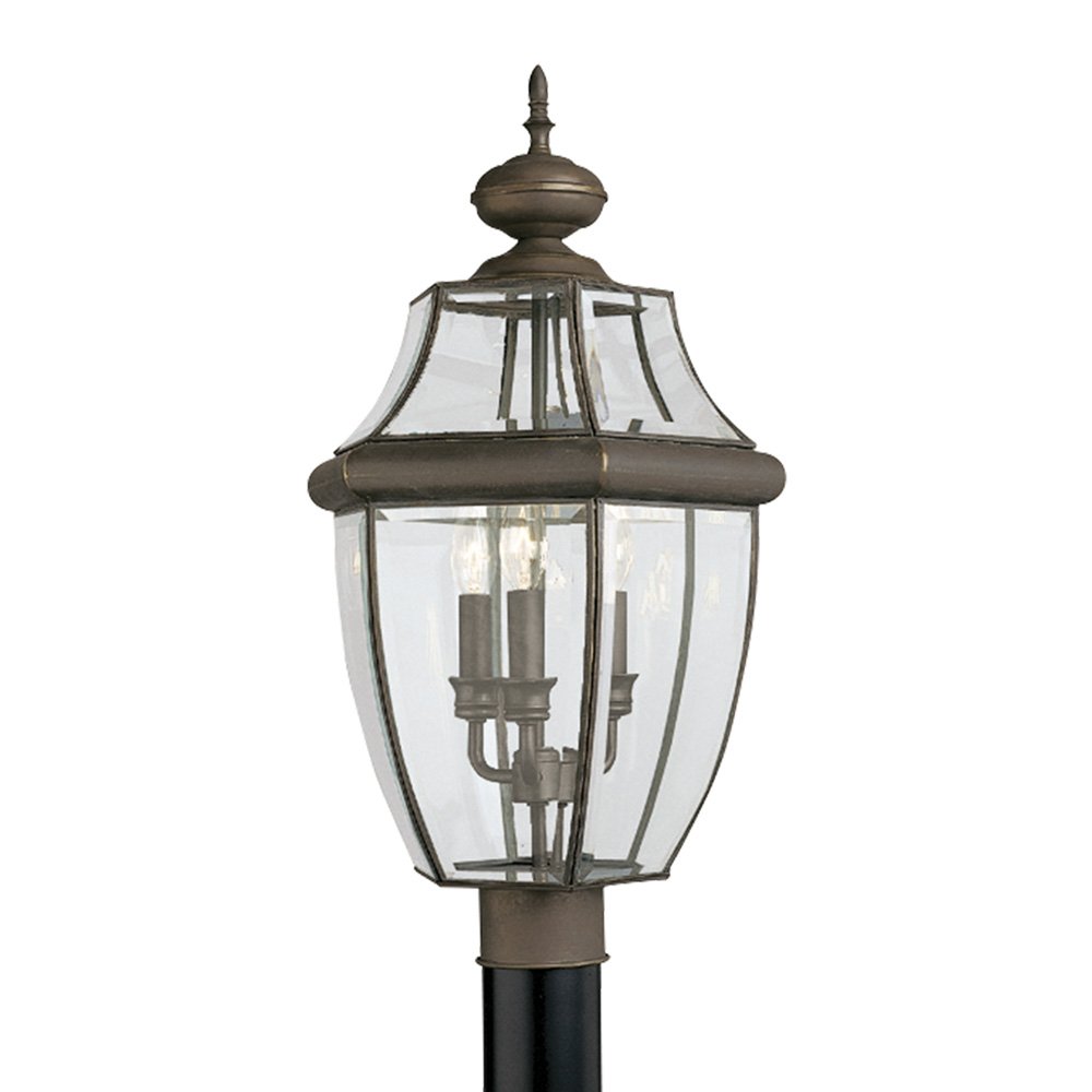 Sea Gull Lighting 8239-71 Lancaster Outdoor Post Lantern - 3-Light Antique Bronze Exterior Fixture for Porch, Garden & Pathway Lighting