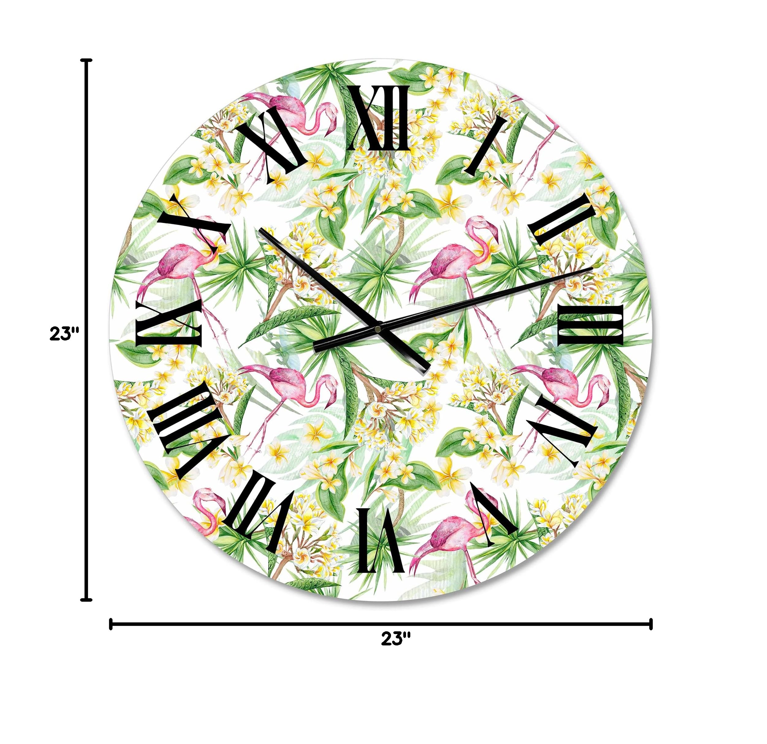 DesignQ Modern Wall Clock 'Tropical Foliage with Yellow Flowers & Flamingo' - Large Floral Botanical Wall Clock for Kitchen, Living Room, Bedroom & Office Decor | Perfect Home & Office Decoration