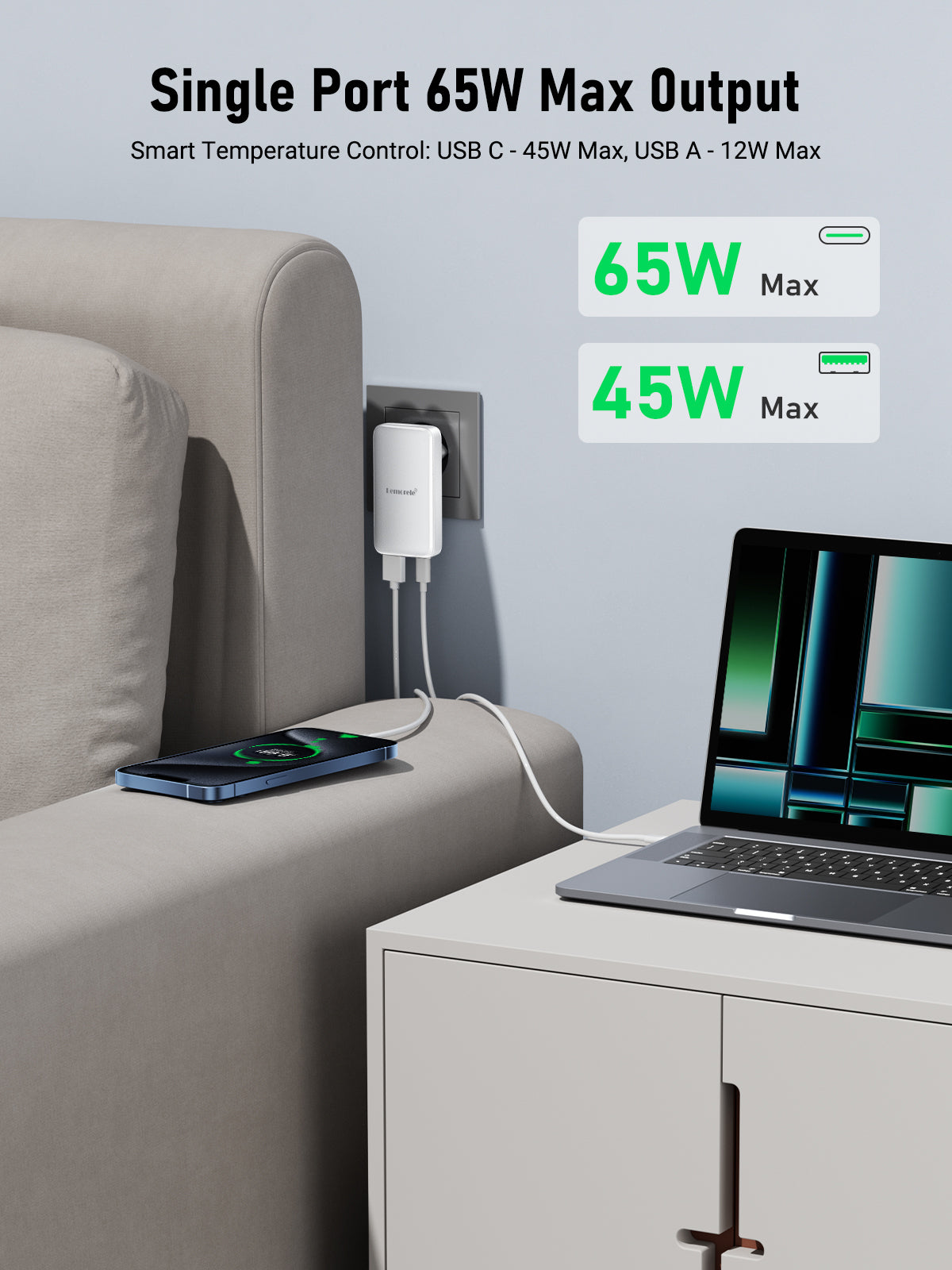 Lemorele 65W Ultra Thin PD Fast Charger - White | Compact & High-Speed USB-C Charging Adapter for iPhone, MacBook, iPad | Perfect for Travel, Office & Home Use