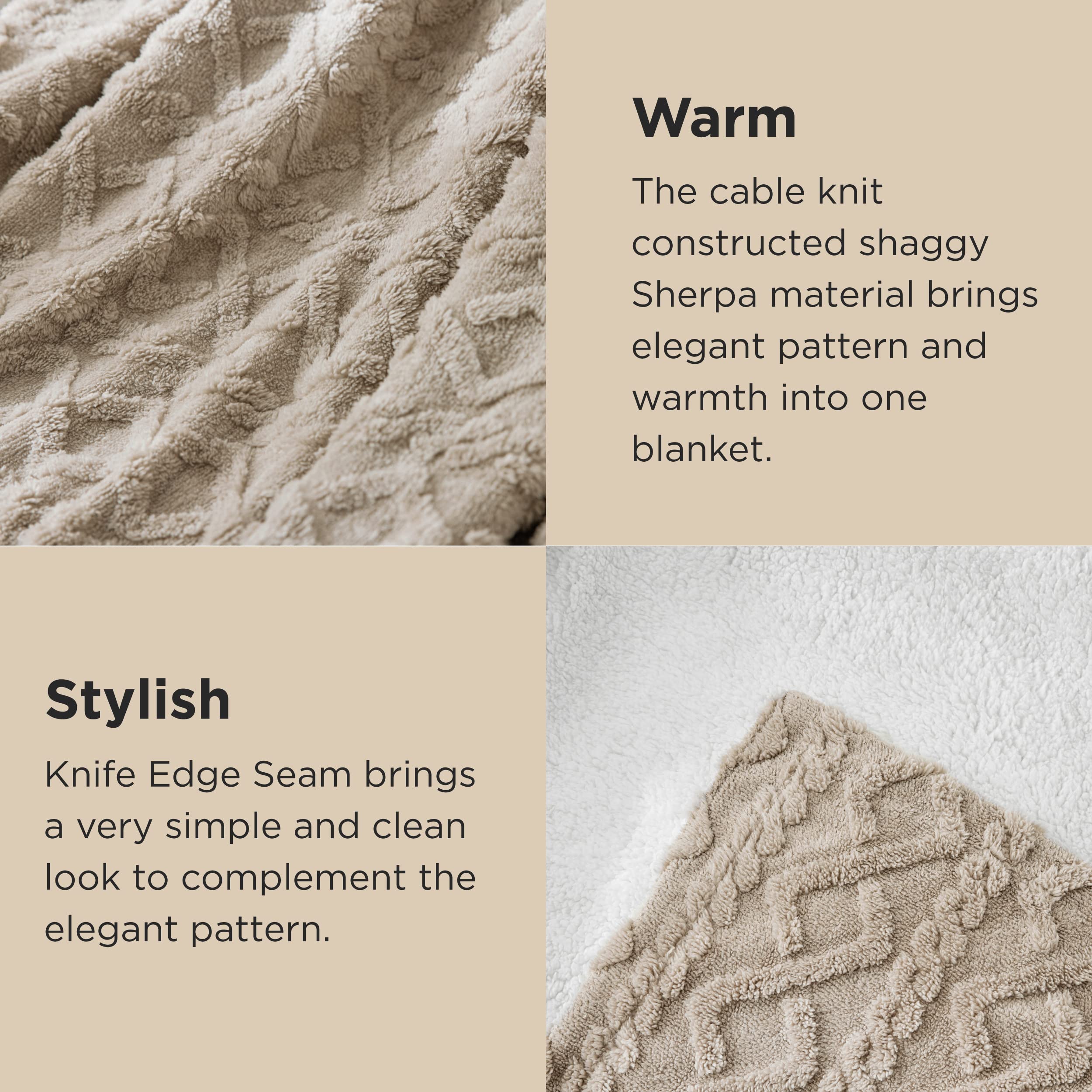 Bedsure Sherpa Fleece Throw Blanket - Ultra Soft Cozy Cable Knit Blanket for Women & Men, Thick Warm Winter Blanket for Couch, Bed, Sofa - 50x60 Inches Beige - Perfect for Lounging, Movie Nights & Home Decor