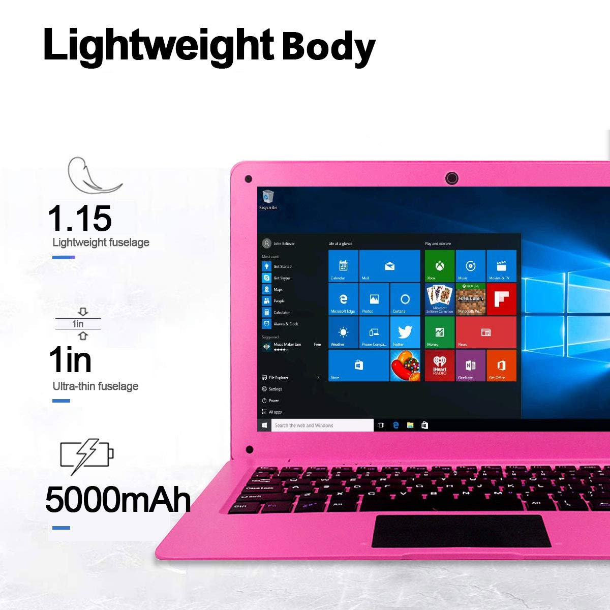 10.1 Inch Ultra Thin Laptop - Windows 10 Quad Core Notebook with HD IPS Display, 2GB RAM 32GB Storage, 1.92GHz Processor, WiFi Bluetooth HDMI - Portable Lightweight Computer for Students, Business & Travel (Pink)