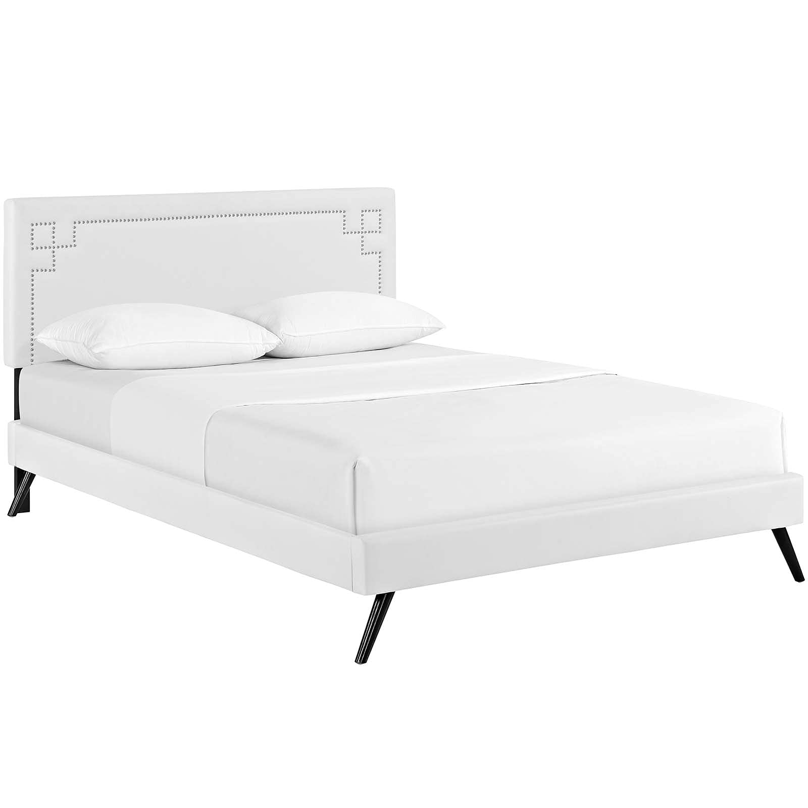 Modway Ruthie White Faux Leather Upholstered Full Size Platform Bed Frame with Splayed Legs - Modern Bedroom Furniture for Small Spaces & Guest Rooms
