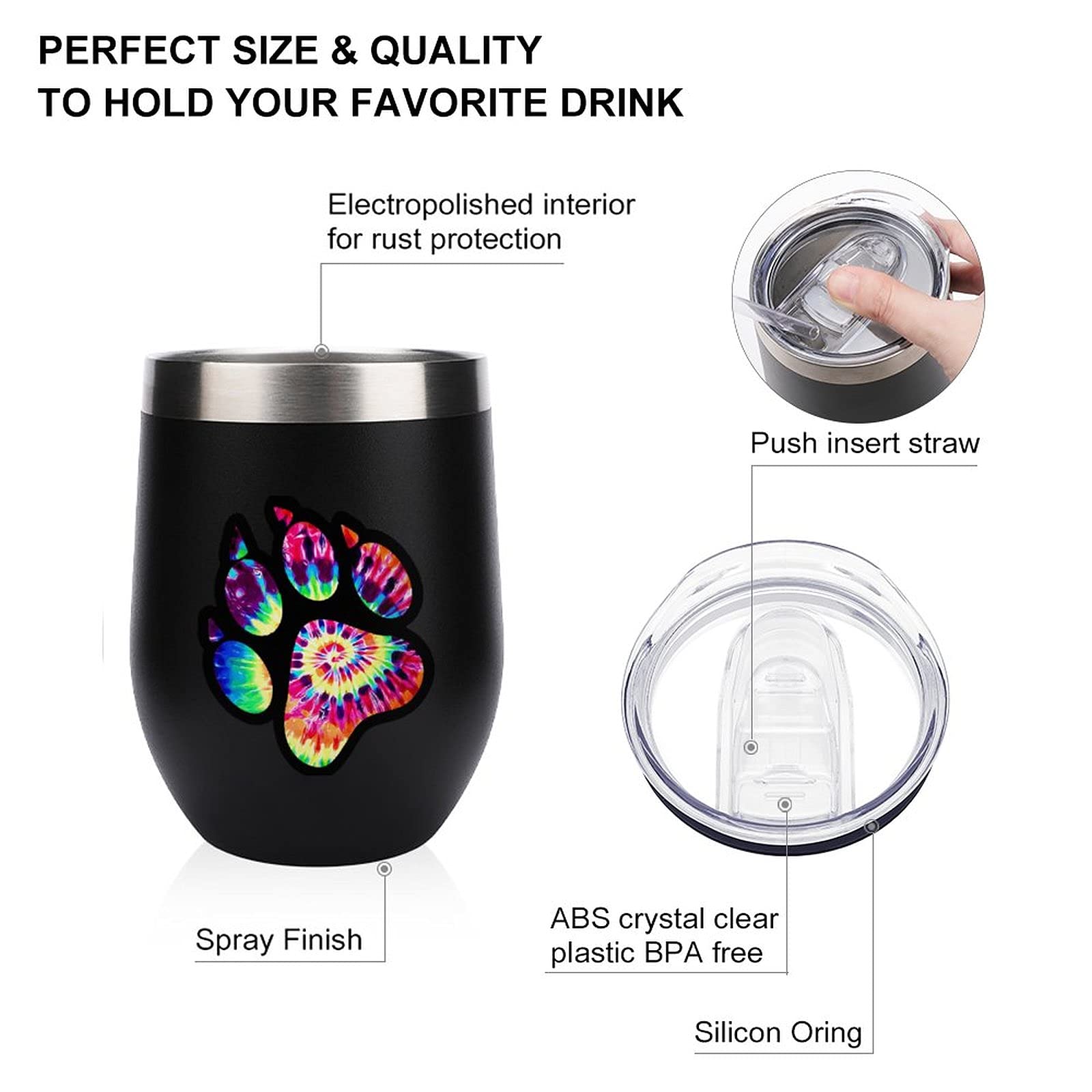 Stainless Steel Tie Dye Animal Paw Print Vacuum Insulated Tumbler with Lid - 20oz Stemless Wine Glass, Travel Mug & Coffee Cup for Camping, Office & Outdoor Activities