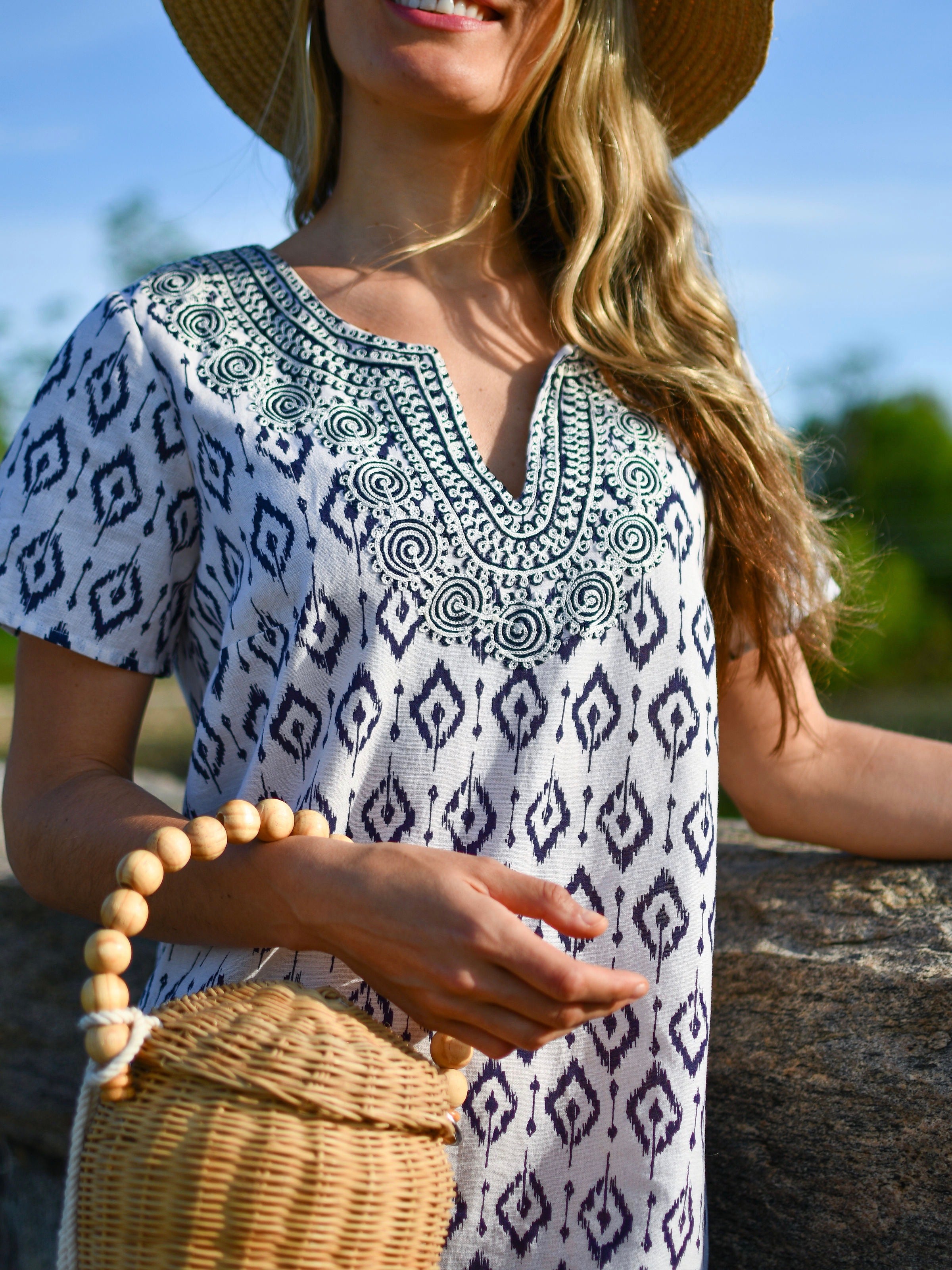 Stylish Ikat Print Long Shift Dress for Women | Boho Chic Flowy Maxi Dress | Perfect for Summer, Beach, and Casual Outings