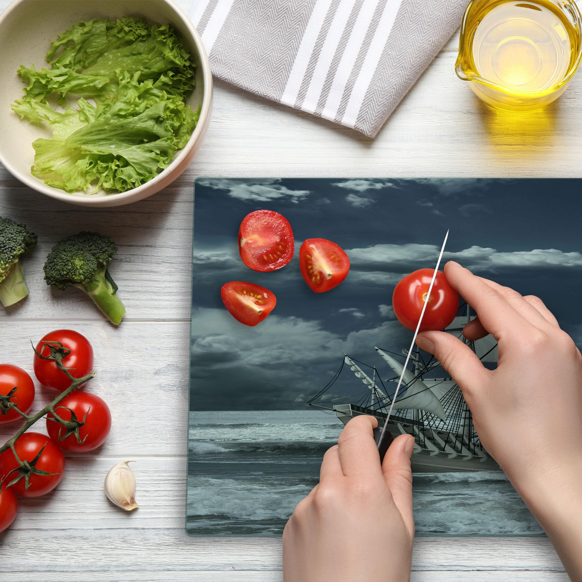 Ambesonne Decorative Tempered Glass Cutting Board - Caribbean Pirate Ship & Cloudy Sky Art Print - Large Blue Grey Serving Board for Kitchen, Charcuterie & Party Platter - Dishwasher Safe Glass Chopping Board for Cheese, Fruits & Entertaining