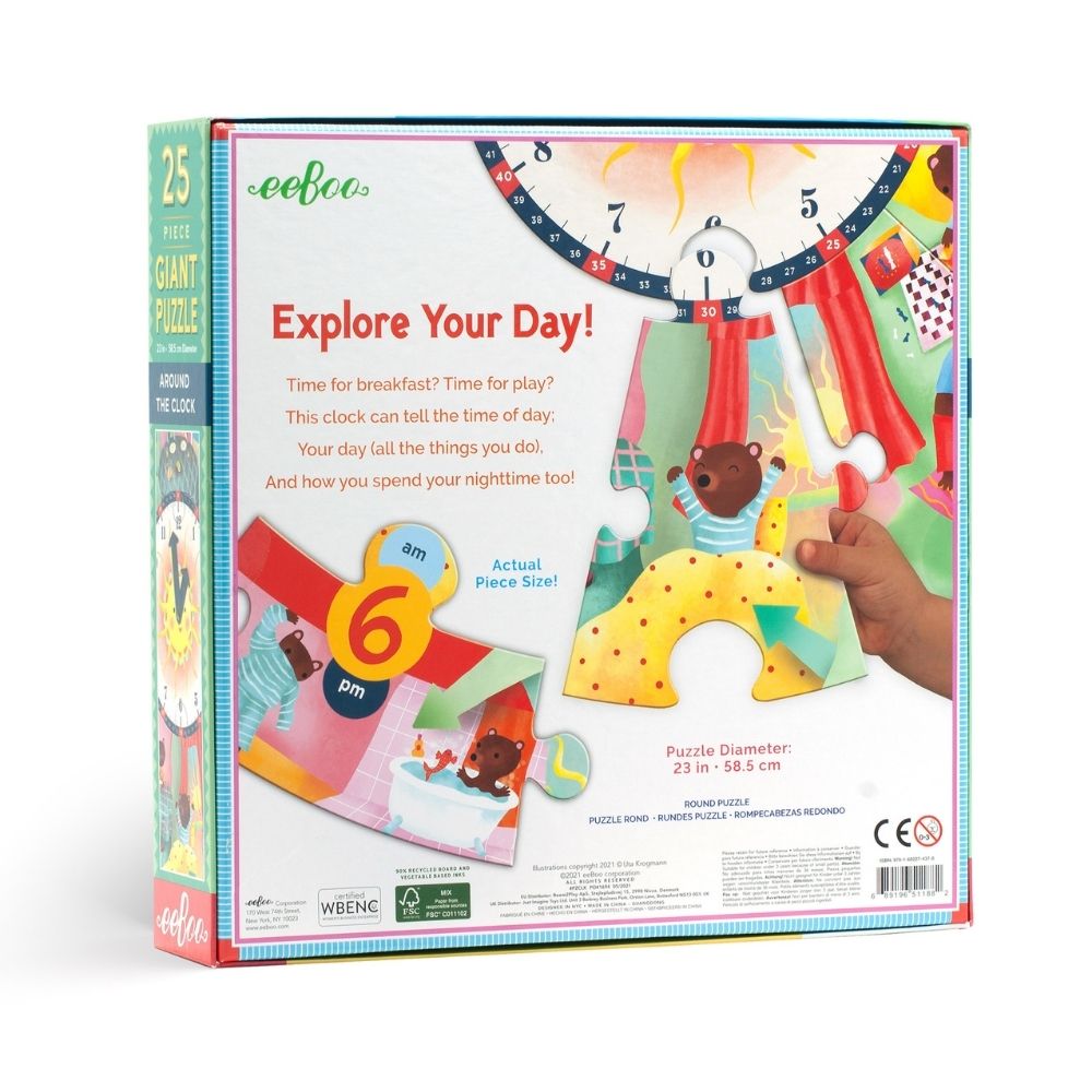 eeBoo Giant Around the Clock 25-Piece Jigsaw Puzzle - Educational Toy for Kids Learning Time & Daily Routines