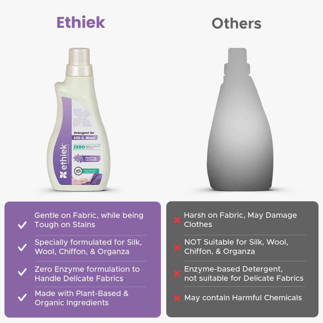 Ethiek Liquid Detergent for Silk, Wool & Delicate Fabrics - Gentle Enzyme-Free Natural Organic Laundry Detergent - Safe for Top Load, Front Load Washing Machines & Hand Wash - 500ml - Perfect for Baby Clothes, Lingerie & Cashmere Sweaters
