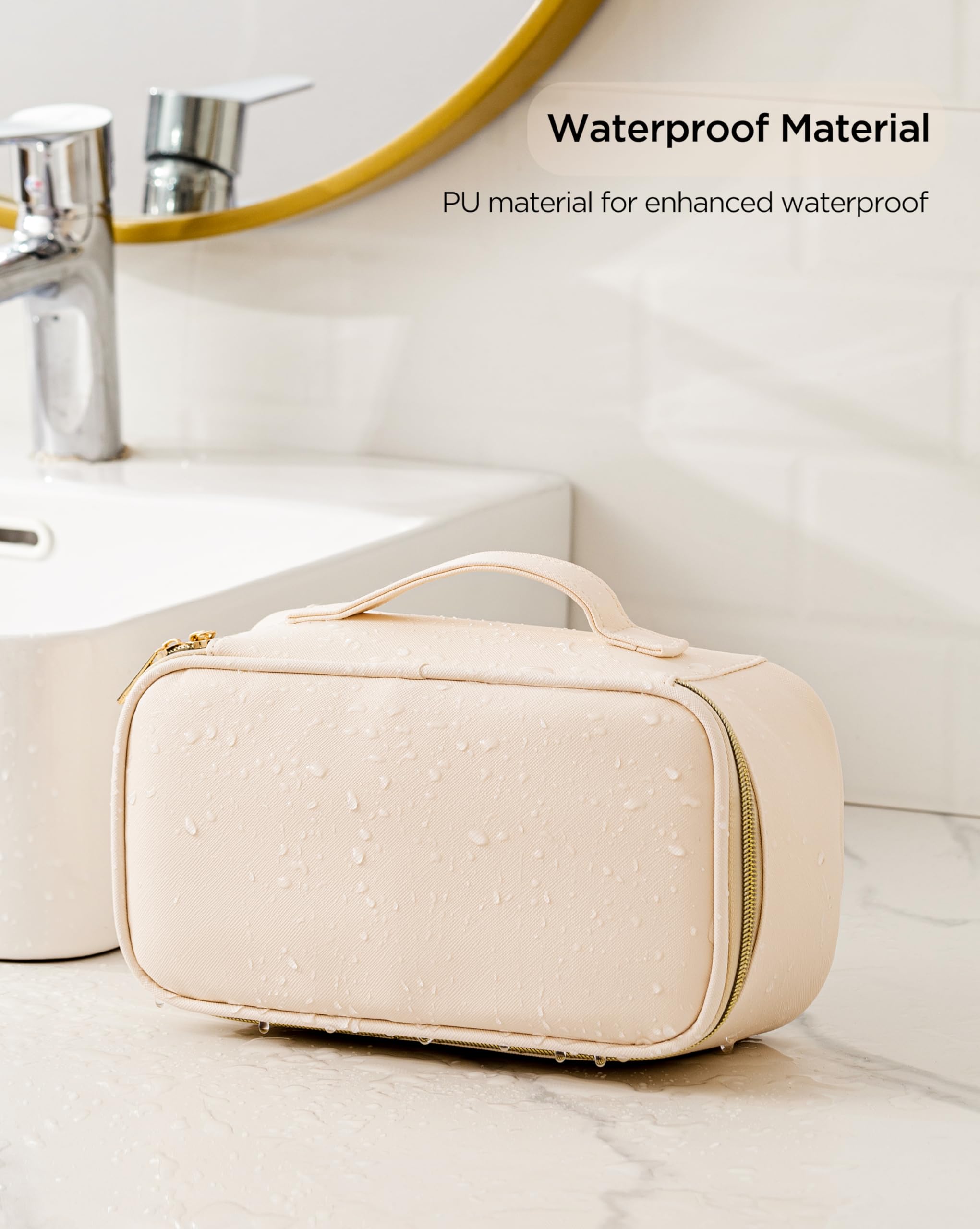 Waterproof Leather Makeup Bag for Women - Small Travel Cosmetic Organizer with Handle, Portable Toiletry Bag for Daily Use & Vacation (Beige) | Perfect for Gym, Office, and Weekend Getaways