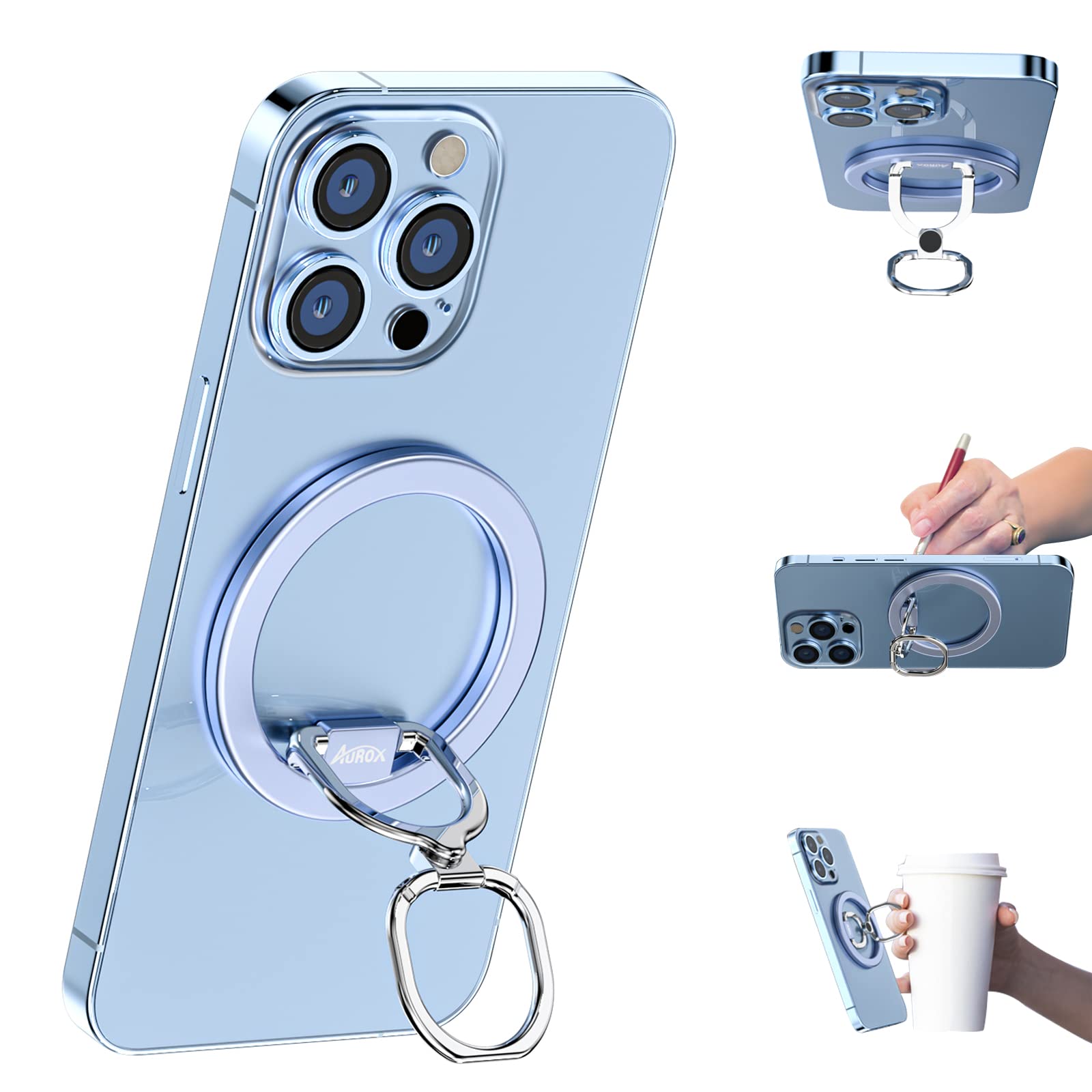 AUROX Magnetic Phone Ring Holder - 360° Rotatable & Foldable Finger Kickstand for iPhone 14/13/12 - Magsafe Compatible Back Grip - Removable for Wireless Charging (Light Blue) - Perfect for Selfies, Videos & Secure One-Hand Phone Use