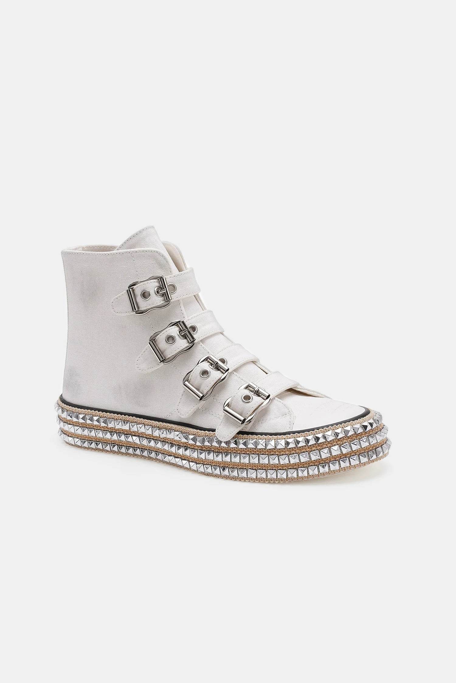 Beast Fashion Multi Buckle Straps Studded Platform Sneakers for Women - Chunky Gothic Punk Combat Shoes for Streetwear & Night Out