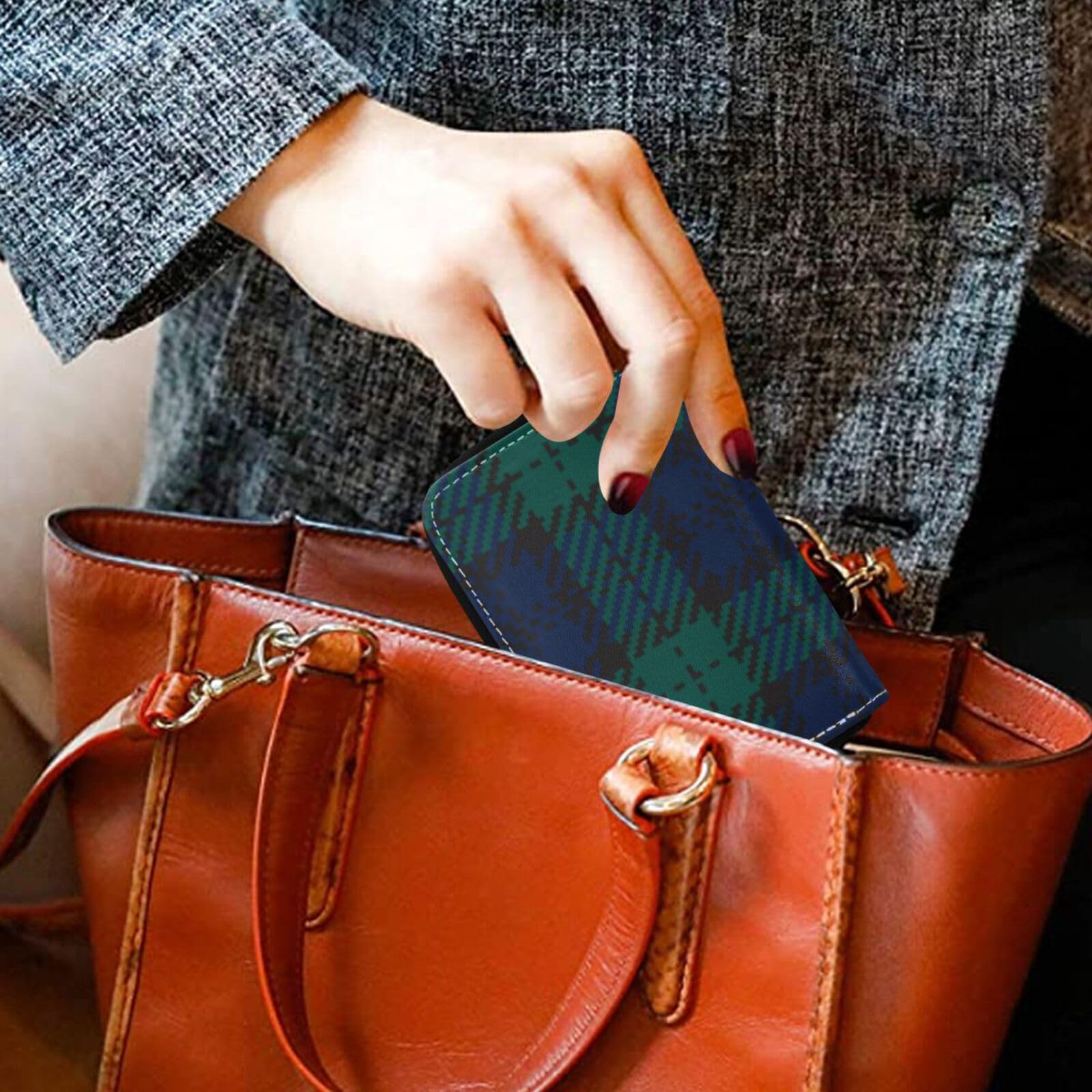FRODOTGV RFID Blocking Leather Zip Pocket Wallet for Women - Navy, Black, Green Plaid Mini Credit Card Holder - Perfect for Work, Travel & Everyday Use