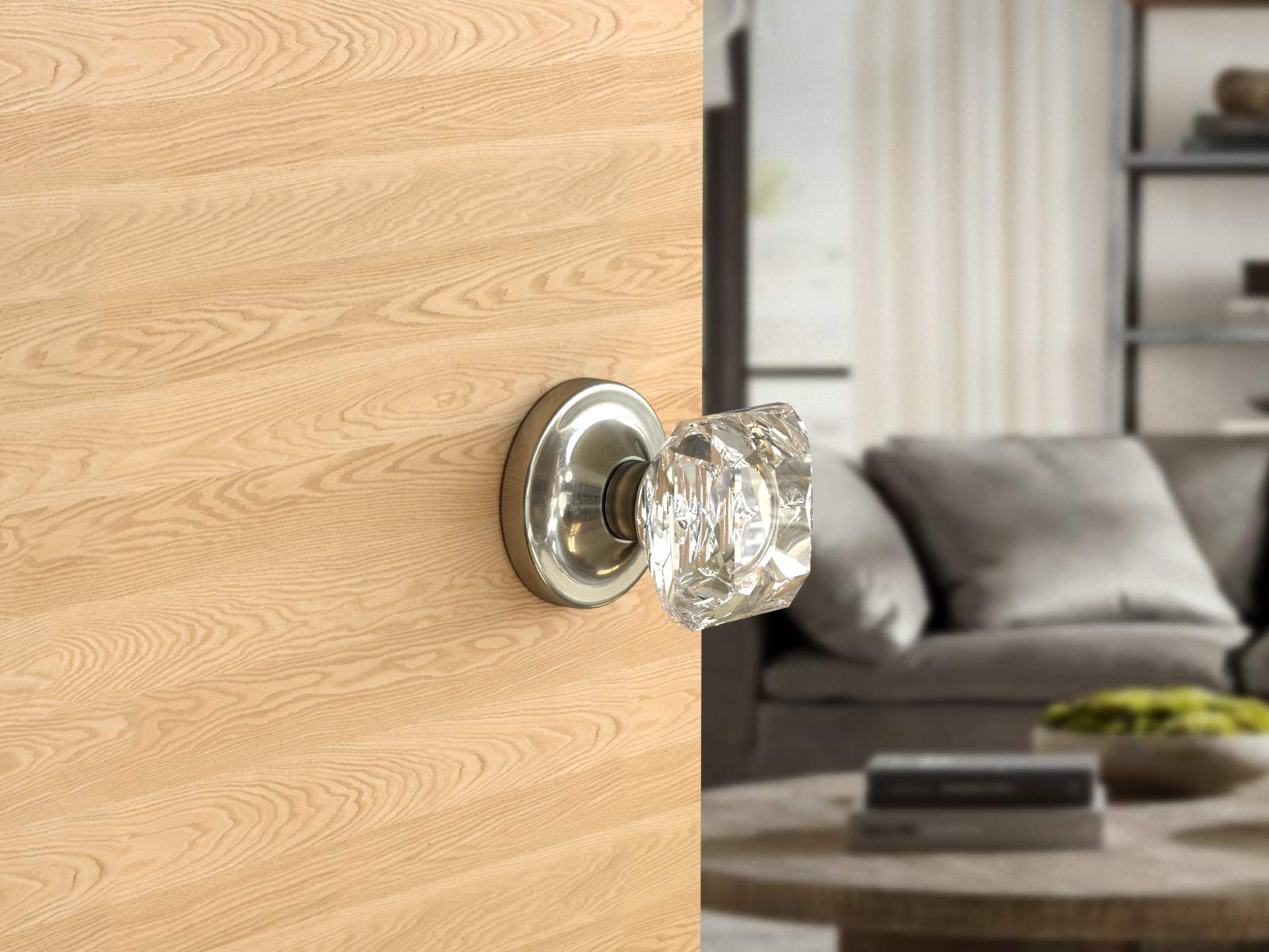 (7 Pack) Privacy Crystal Door Knobs - Satin Nickel Finish with Round Rosette for Bedroom, Bathroom & Closet Doors | Princess Cut Design for Elegant Home Decor