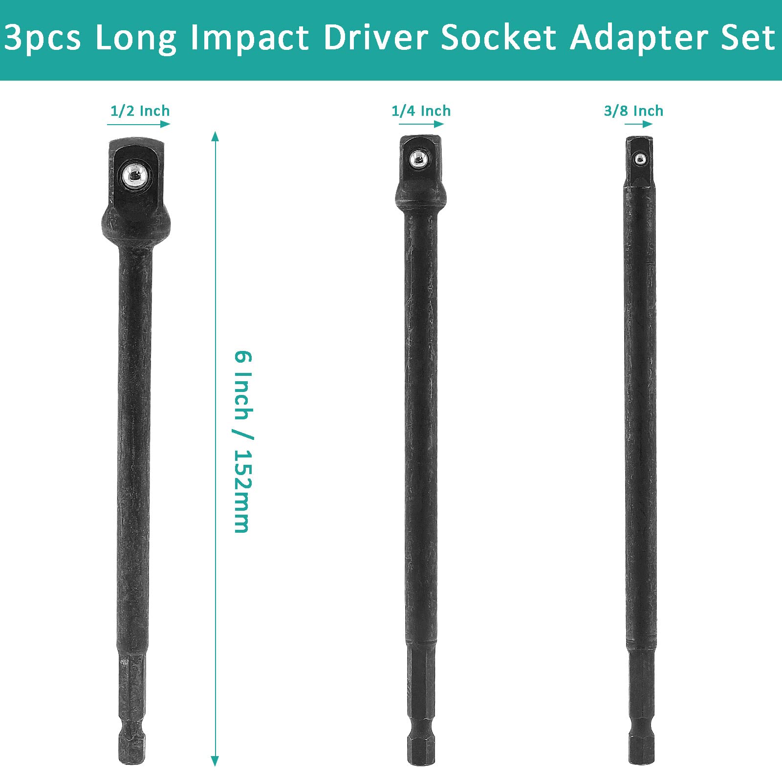 3PCS 6-Inch Long Impact Driver Socket Adapter Set - 1/4