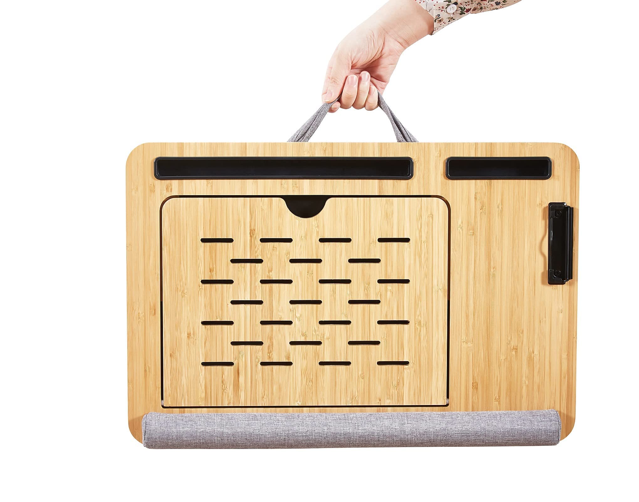 Adjustable Bamboo Laptop Lap Desk with Cushion & Wrist Pad - Portable Bed Tray Stand for Laptop, Notebook, Tablet - Features Clip & Media Slots (Natural Bamboo/Grey) - Perfect for Working in Bed, Couch, or Traveling