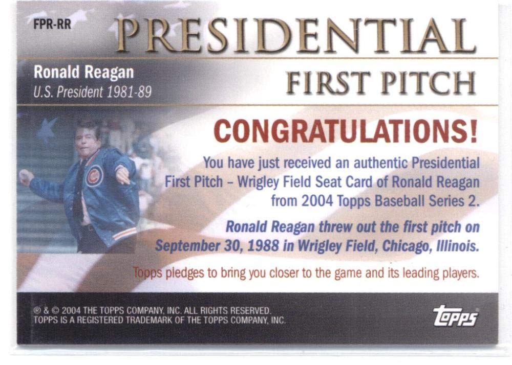 2004 Topps Presidential First Pitch Seat Relics #RR Ronald Reagan MLB Baseball Card - Limited Edition /100 - Authentic Wrigley Field Seat Memorabilia - NM-MT Condition - Perfect for Baseball Collectors & US History Enthusiasts - Display in Home Office or Sports Memorabilia Collection