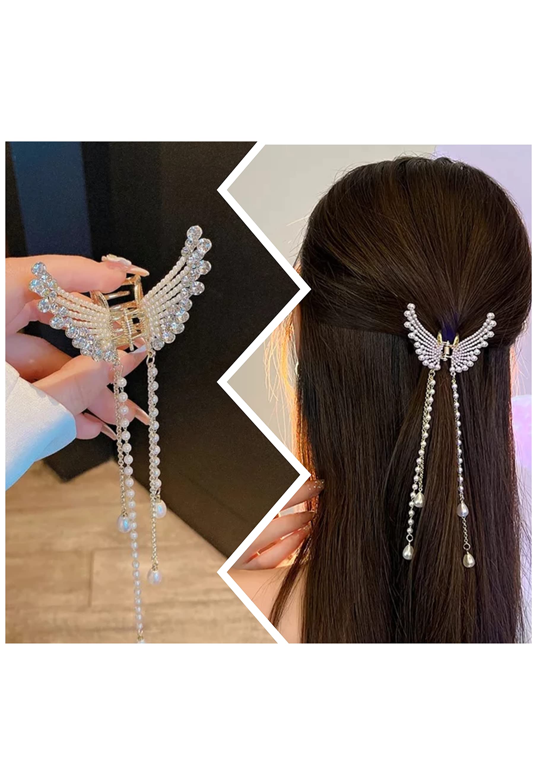 Samyak Elegant Pearl Rhinestone Hair Claw with Chain - Butterfly Clip Barrette for Women | Wedding Bridal Hair Accessories | Perfect for Prom, Parties & Special Occasions
