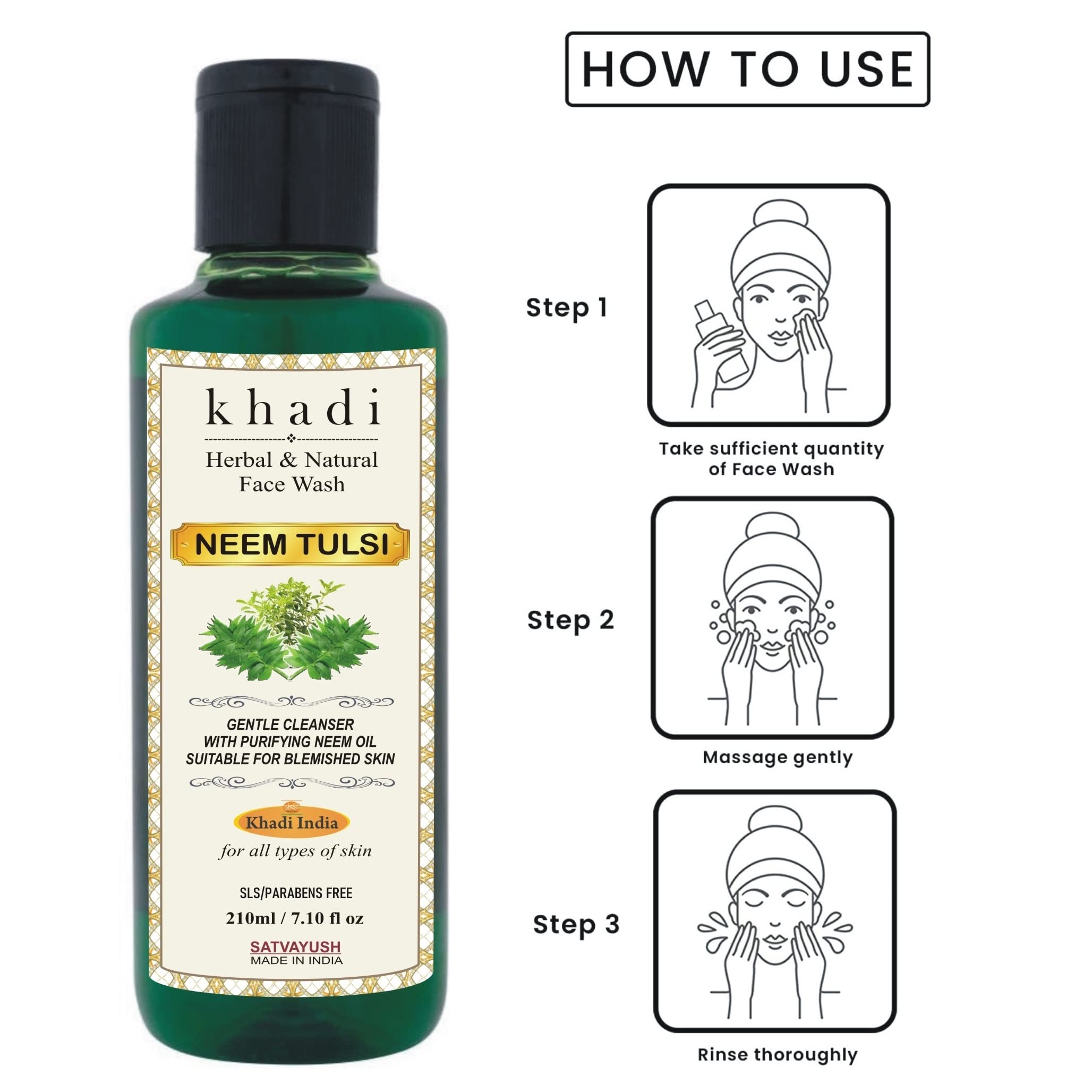 Khadi Neem Tulsi Face Wash 210ml - Herbal Pure & Natural Oil Control Cleanser for Acne & Oily Skin - Pack of 1 - Perfect for Daily Skincare Routine & Deep Cleansing