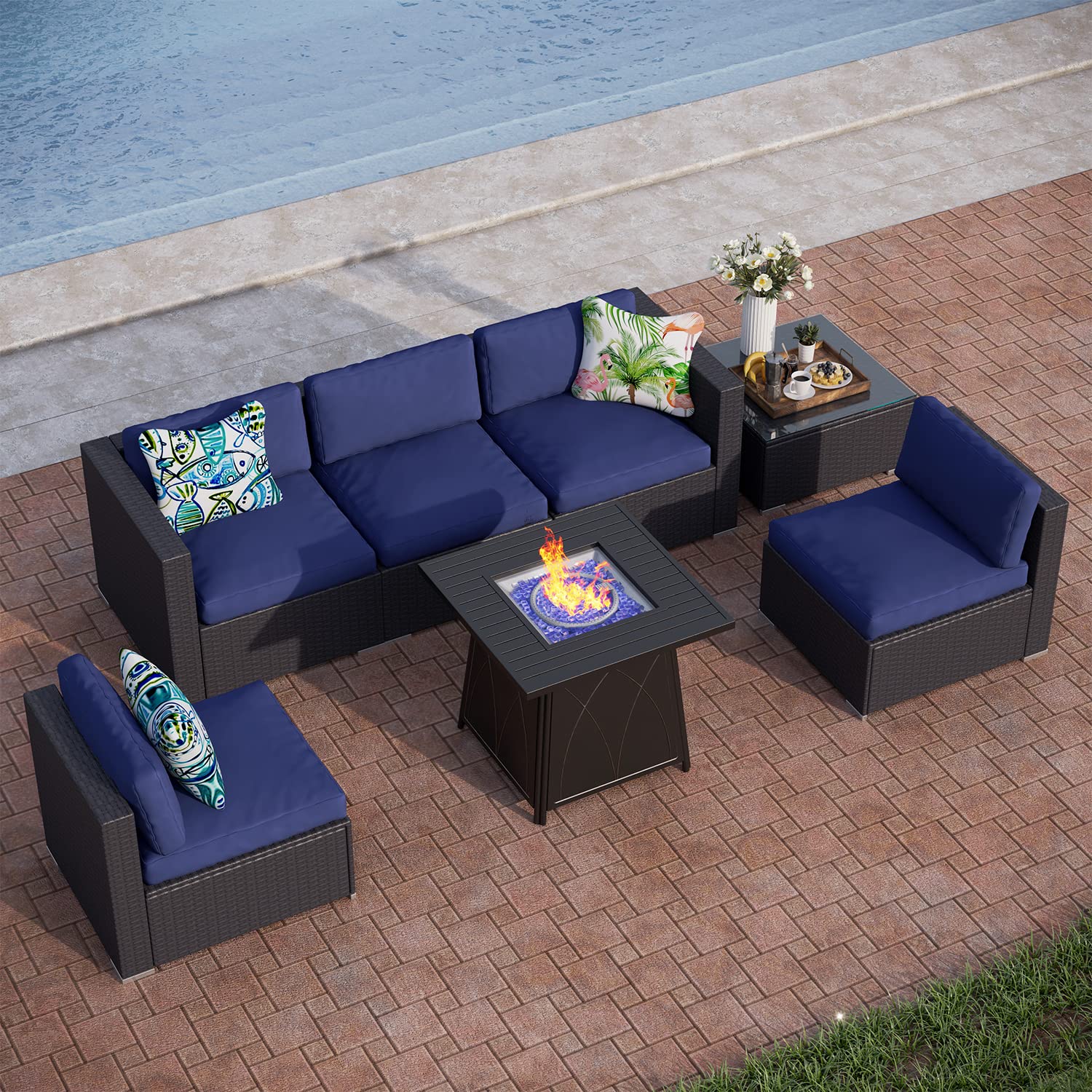 PHI VILLA 7-Piece Outdoor Patio Furniture Set with 50,000 BTU Fire Pit Table - Rattan Sectional Sofa Conversation Set, CSA Approved 28