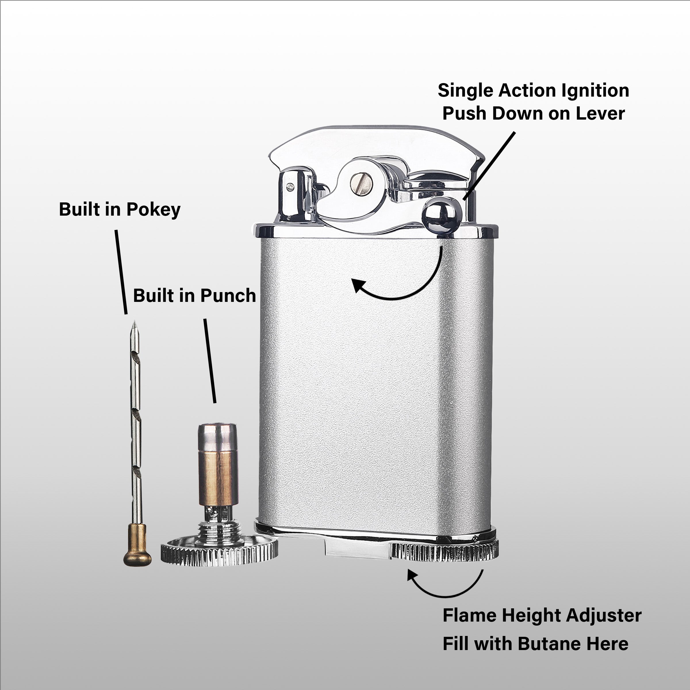 Visol Retro Butane Torch Lighter - Triple Flame Refillable Windproof Lighter with Built-in Cutter & Detachable Poker, Adjustable Flame for Cigars, Candles, Cooking & Outdoor Use (Silver & Chrome)
