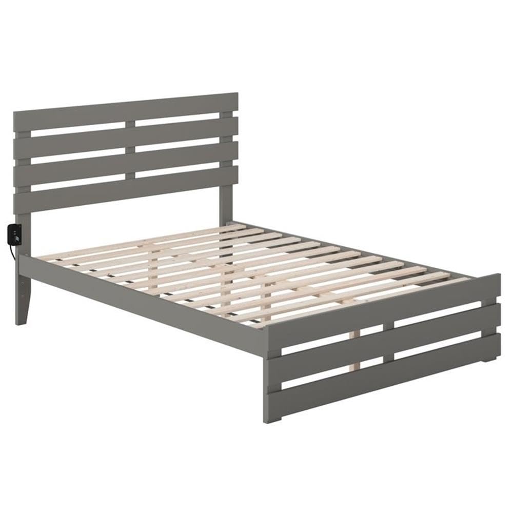 BOWERY HILL Farmhouse Solid Wood Full Size Bed Frame with Footboard & USB Charging Ports - Gray Wooden Bed for Master Bedroom, Guest Room & Cozy Farmhouse Decor