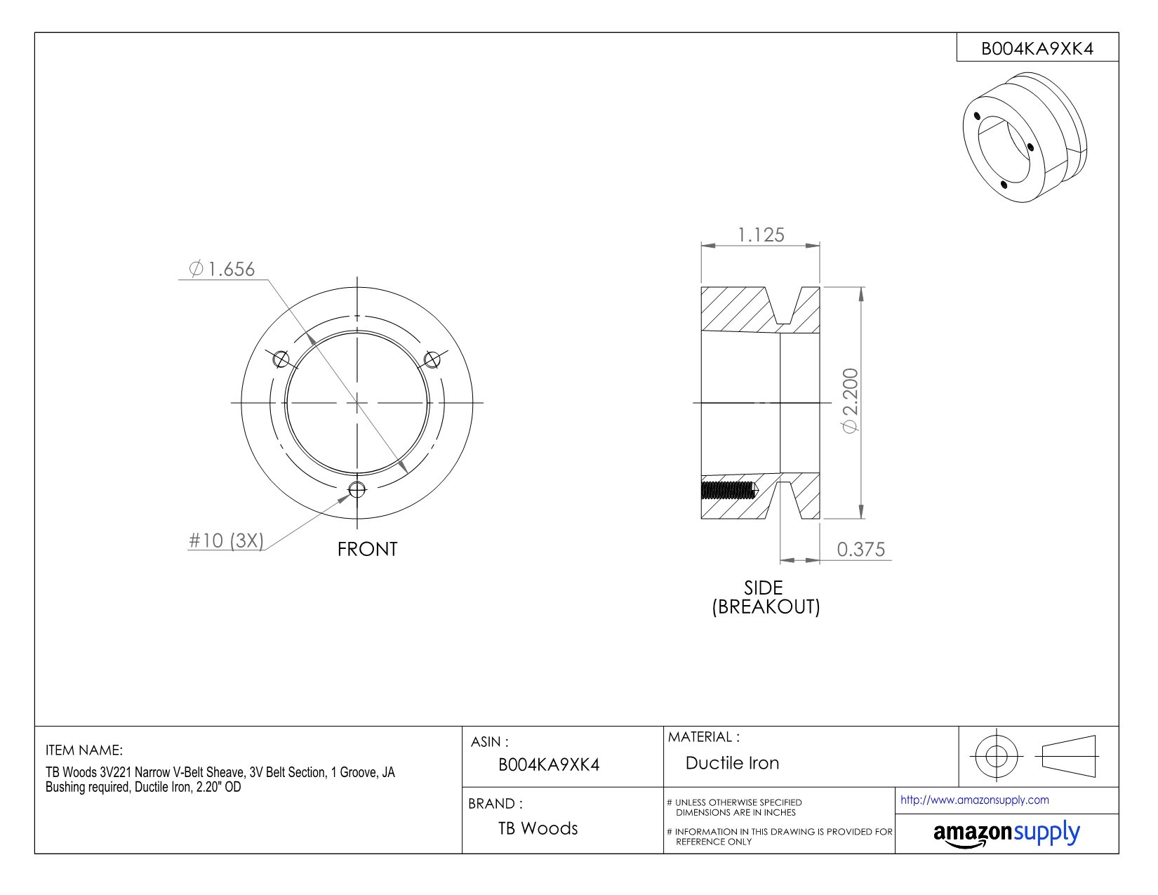 3V1901 Narrow V-Belt Sheave - 3V Belt Section, 1 Groove, Cast Iron Pulley (19.00