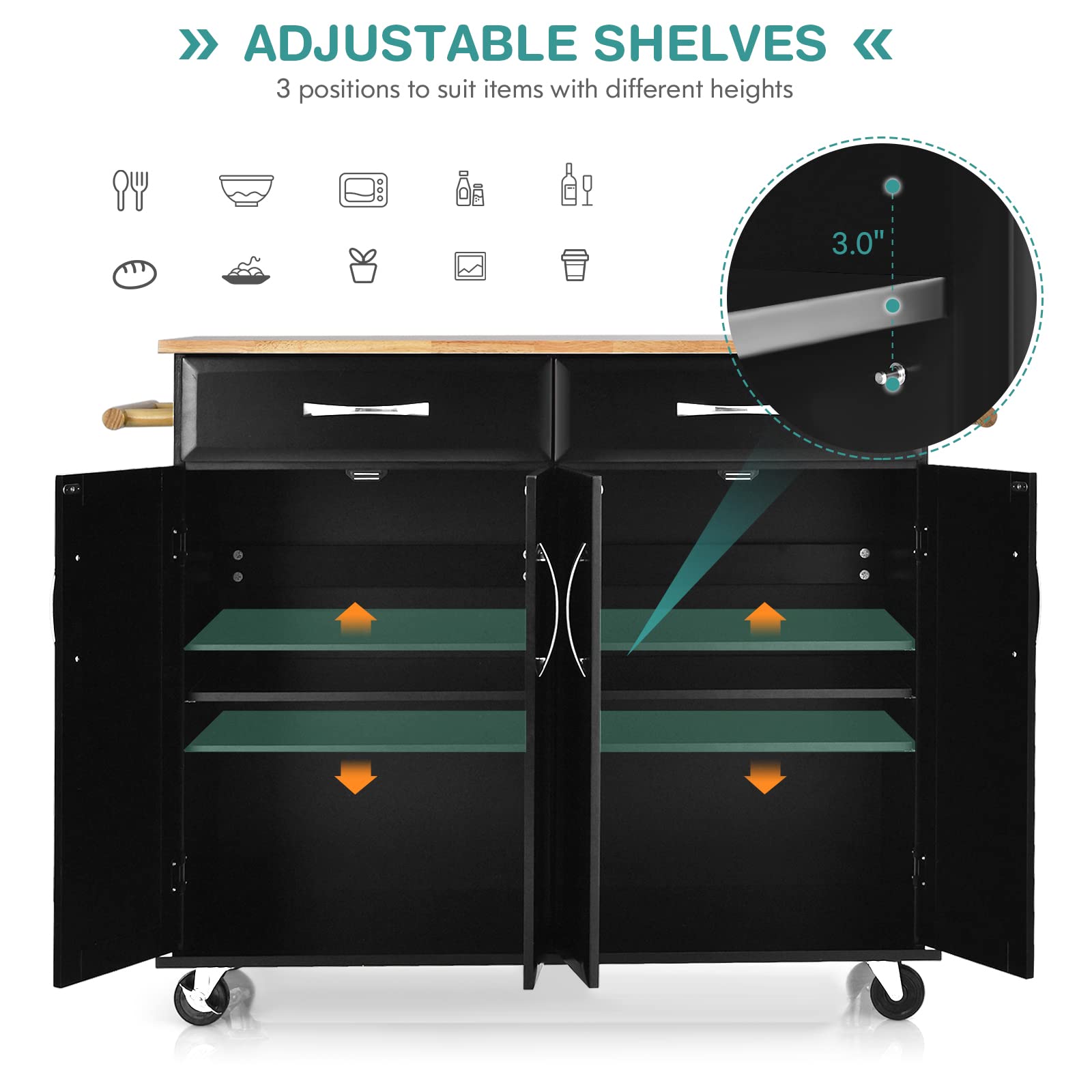 Giantex Large Kitchen Cart with 2 Drawers & Storage Cabinets - Adjustable Shelves, Lockable Casters, Rubber Wood Countertop & Towel Rack - Mobile Kitchen Island for Small Spaces - Perfect for Apartments, Dorms & Home Cooking - Easy Assembly (Black)