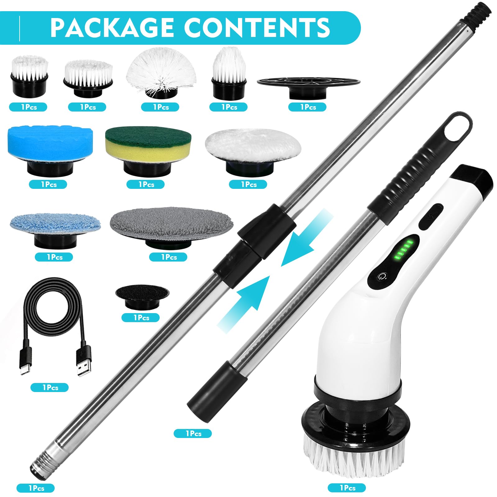 Electric Spin Scrubber with 9 Replacement Heads & Extendable Handle - Power Cleaning Brush for Bathroom, Kitchen, Tile, Floor, Tub, Car - Perfect for Deep Cleaning Showers, Sinks, Grout & Vehicle Interiors