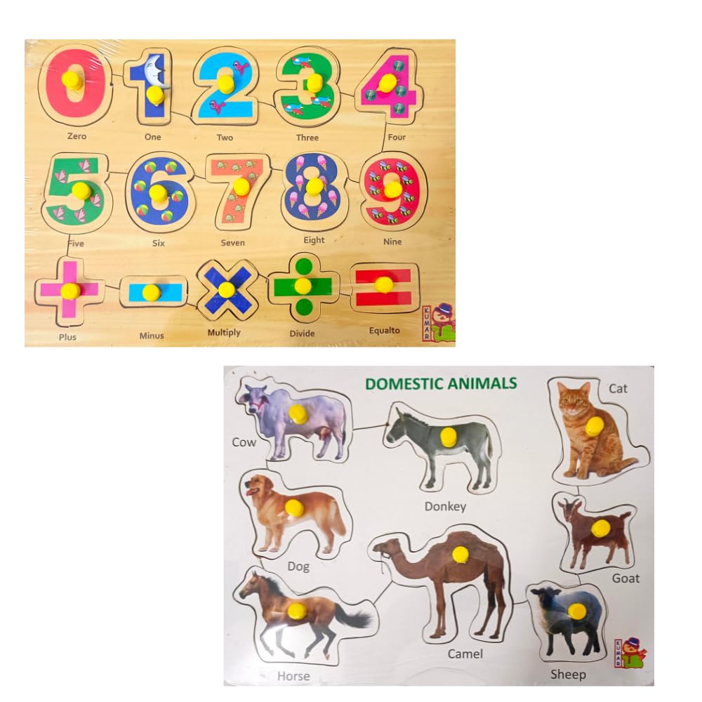 2-Pack Wooden Learning Puzzle Boards for Kids 3+ & Adults - Domestic Animals & Numbers Educational Toys | Montessori Learning, Homeschool Activities, Family Game Night