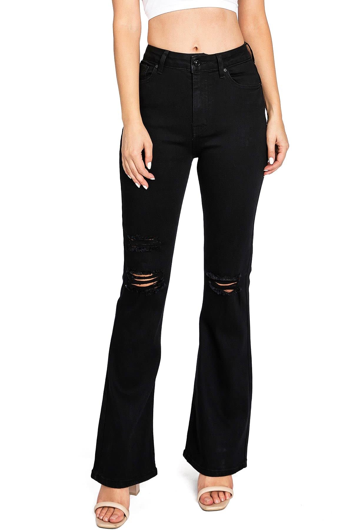 Women's High Rise Bell Bottom Flare Jeans - Sustainable Wax Denim for Juniors | Perfect for Casual Wear, Retro Outfits & 70s Fashion