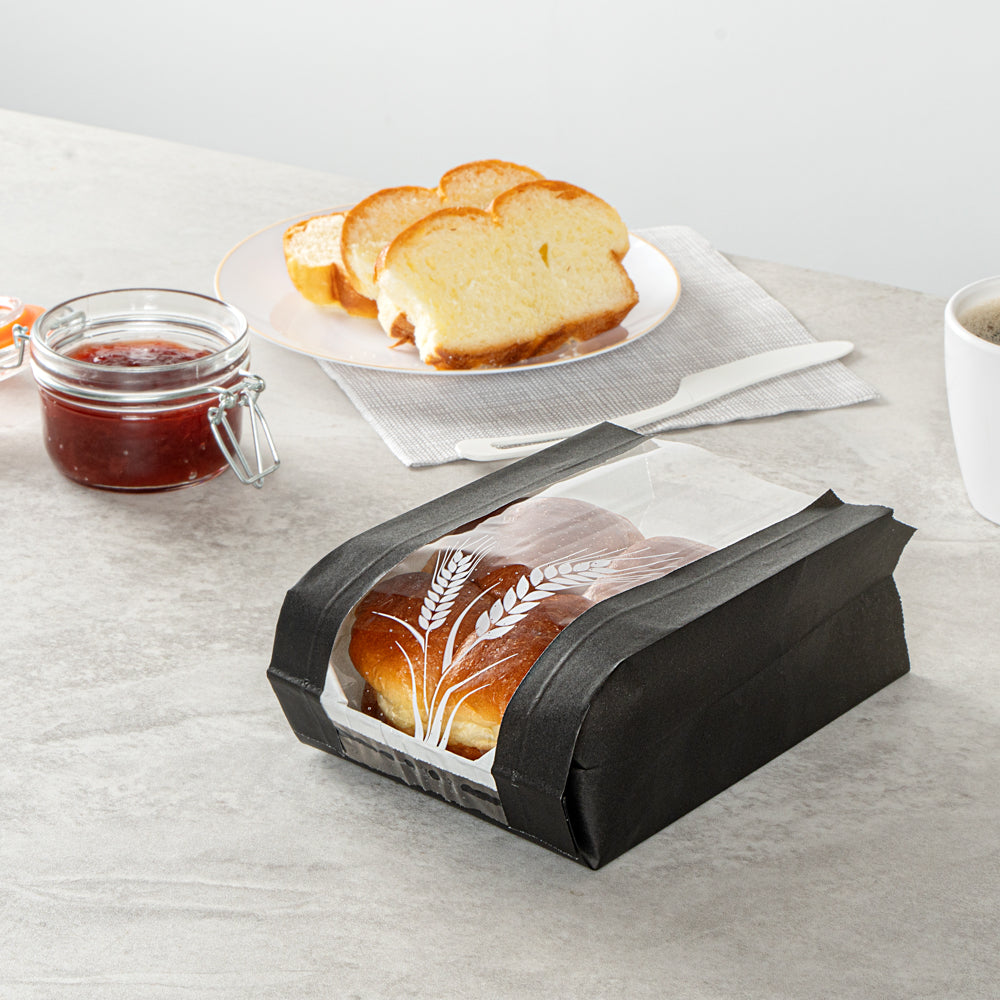 Eco-Friendly Black Paper Bread Bags - Micro Perforated, Greaseproof, Wheat Pattern (4.75