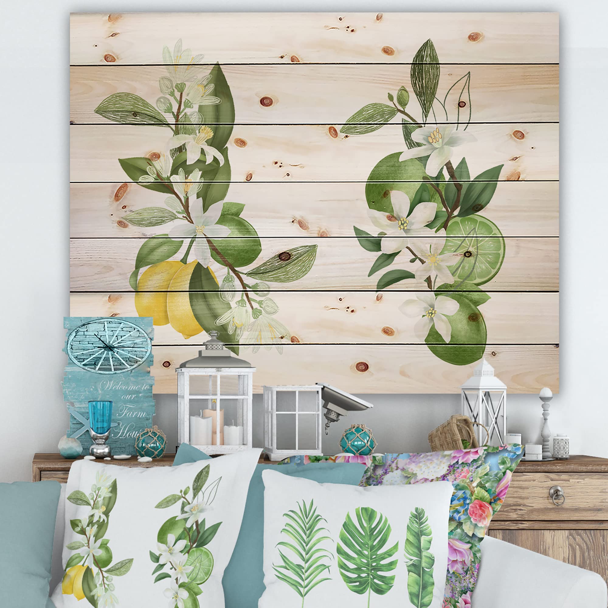 DesignQ Blooming Lemon Tree Branches Wood Wall Decor - Traditional Green Floral Wall Art, Large Pine Wood Panels for Living Room, Bedroom & Office Decor