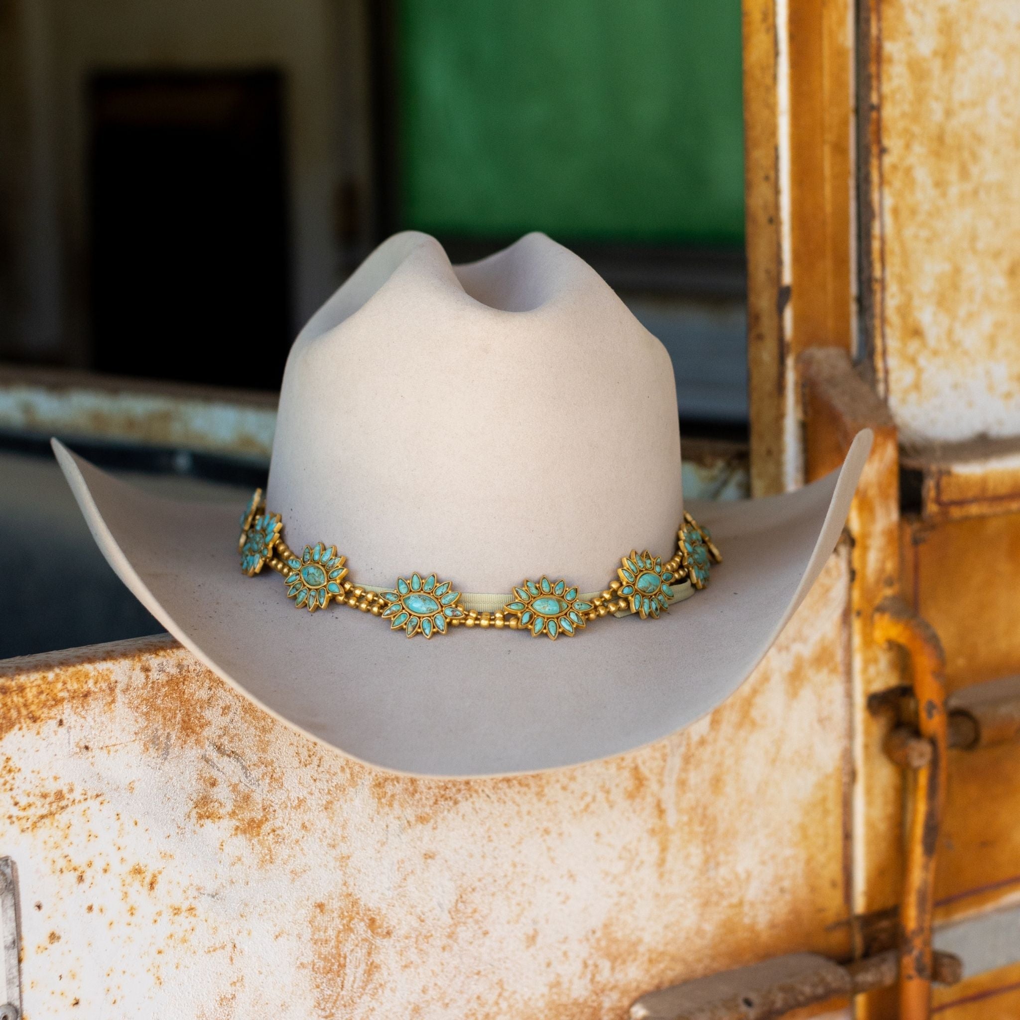 Handmade Squash Blossom Turquoise Hat Band - Western Style Accessory for Cowboy Hats, Boho Fashion & Music Festivals