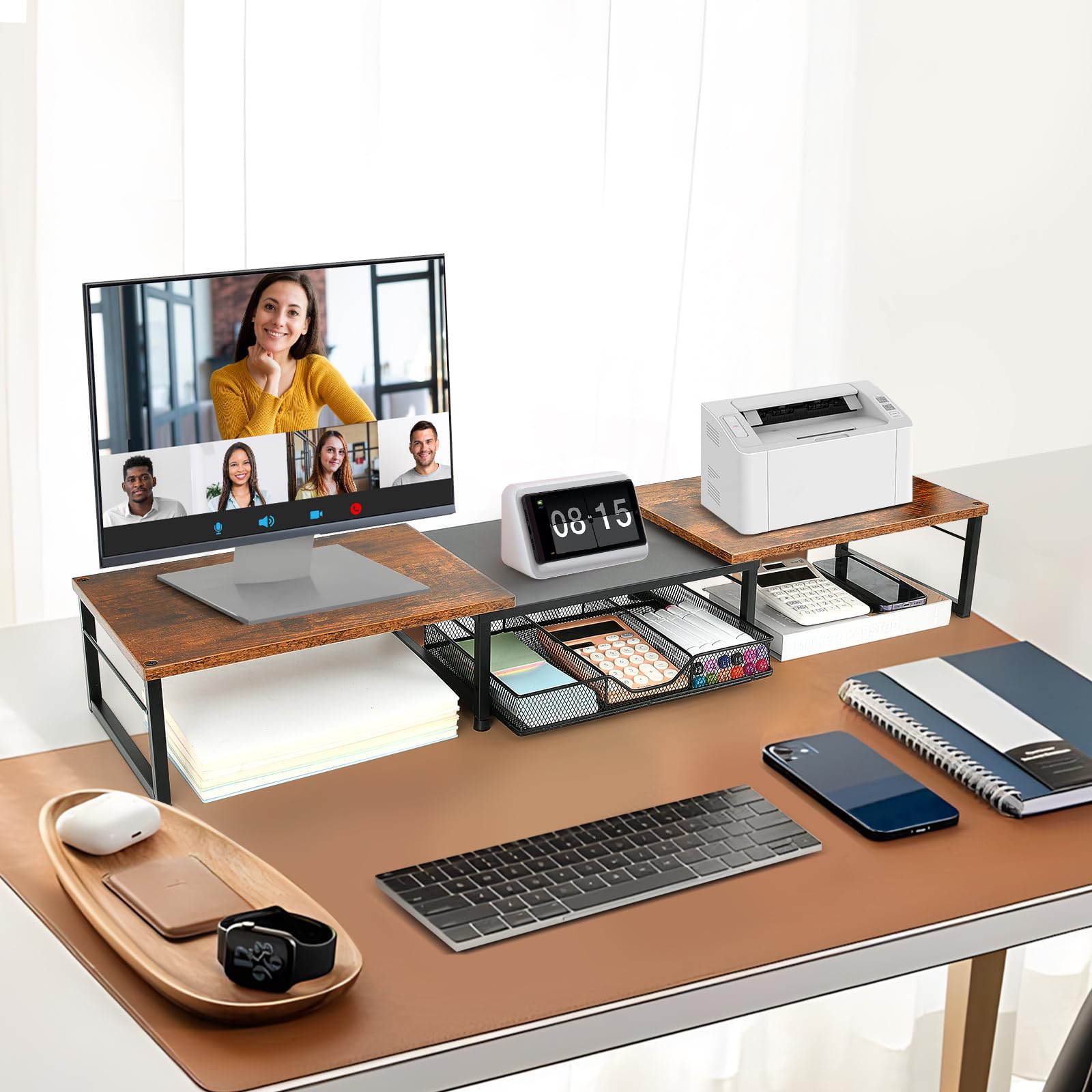 Dual Monitor Stand Riser with Drawer - Rustic Brown Desk Organizer for Office Workspace | Computer Monitor Stand for Laptop, Printer & TV | Perfect for Home Office Setup & Workspace Organization