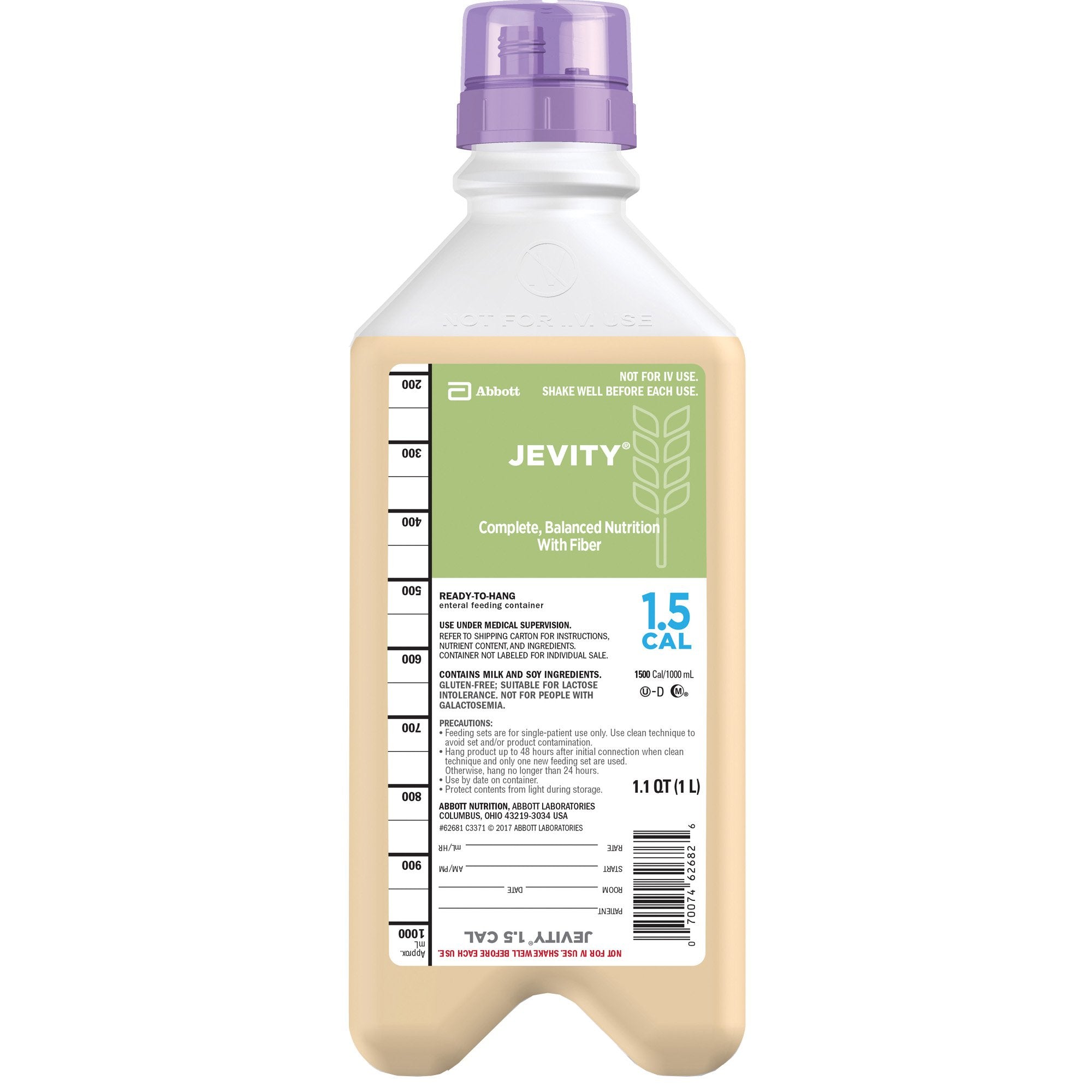 Jevity 1.5 Cal High Fiber Nutrition Shake - Unflavored Liquid Meal Replacement for Adults - Ideal for Tube Feeding, Weight Management & Medical Nutrition Support