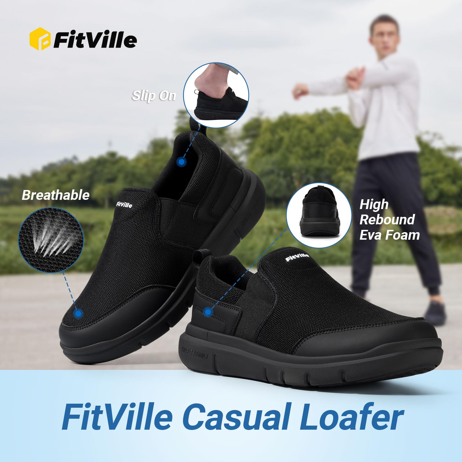 FitVille Men's Extra Wide Slip-On Walking Shoes - Lightweight Non-Slip Breathable Casual Loafers for All-Day Standing Comfort - Perfect for Work, Travel & Daily Wear