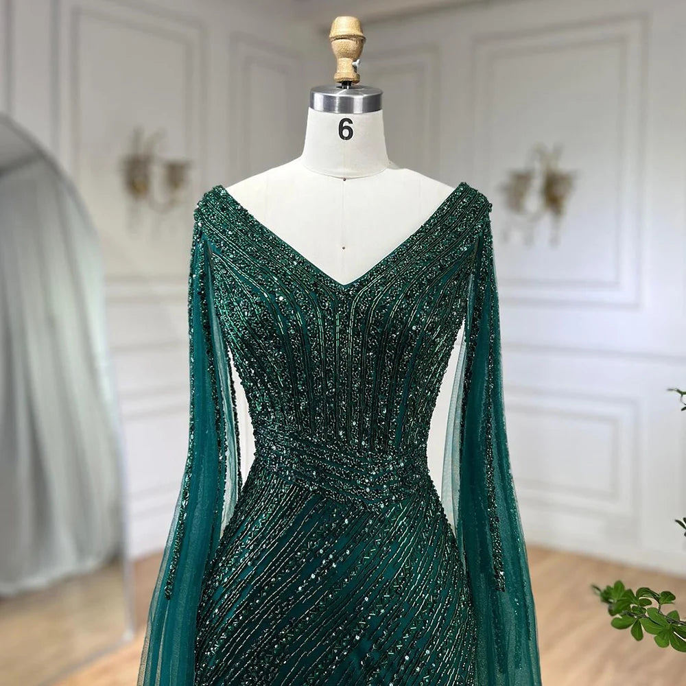 Serene Hill Black Mermaid Evening Gown with Cape Sleeves, High Slit & Beaded Feather Details - Elegant Women's Formal Dress for Prom, Gala & Special Occasions