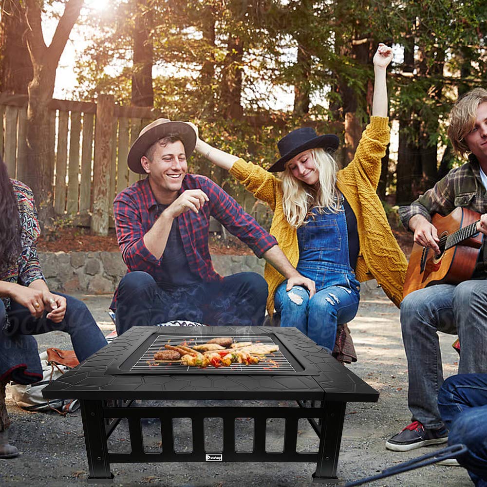 32 Inch Black Square Metal Fire Pit Table - Outdoor Wood Burning Firepit for Patio, Backyard, Camping - Perfect for Family Gatherings & Christmas Parties