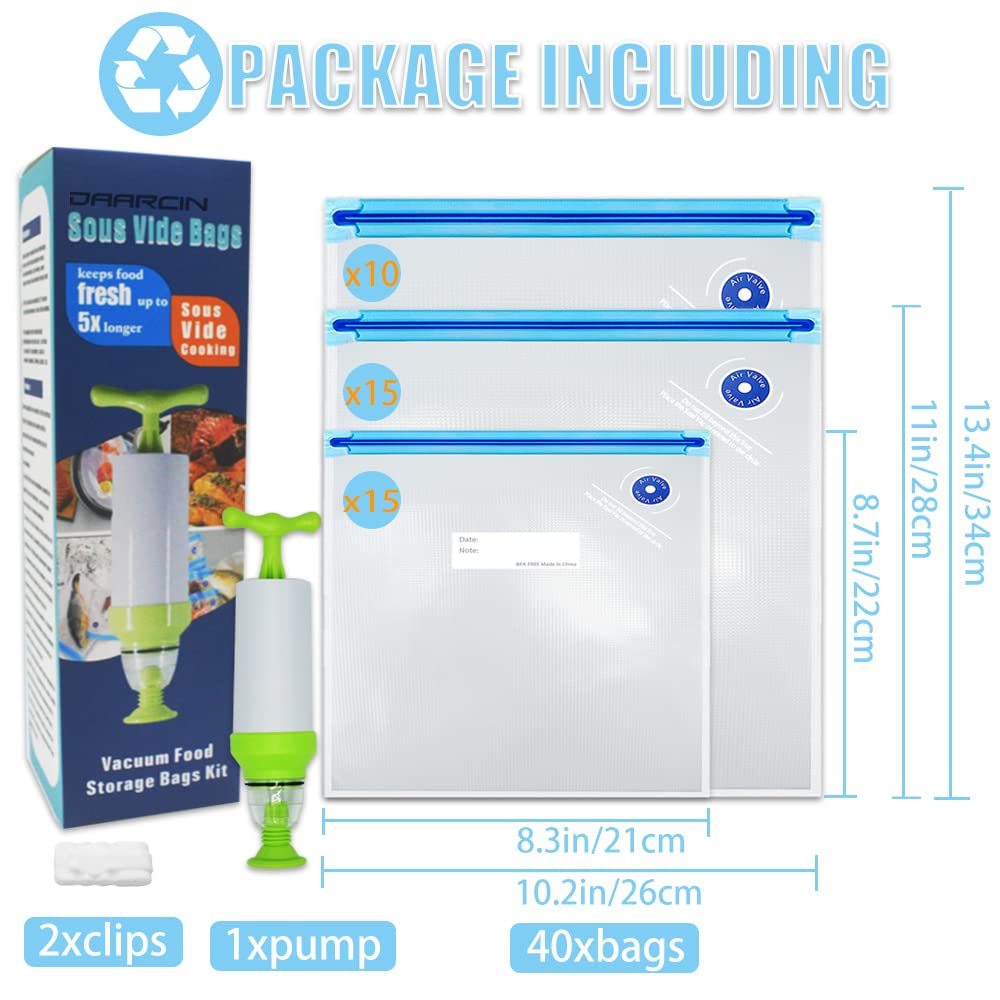 BPA Free Reusable Vacuum Sealer Bags Kit - 40pcs Sous Vide Bags in 3 Sizes with Hand Pump & Sealing Clips | Keep Food Fresh for Meal Prep, Sous Vide Cooking & Freezer Storage