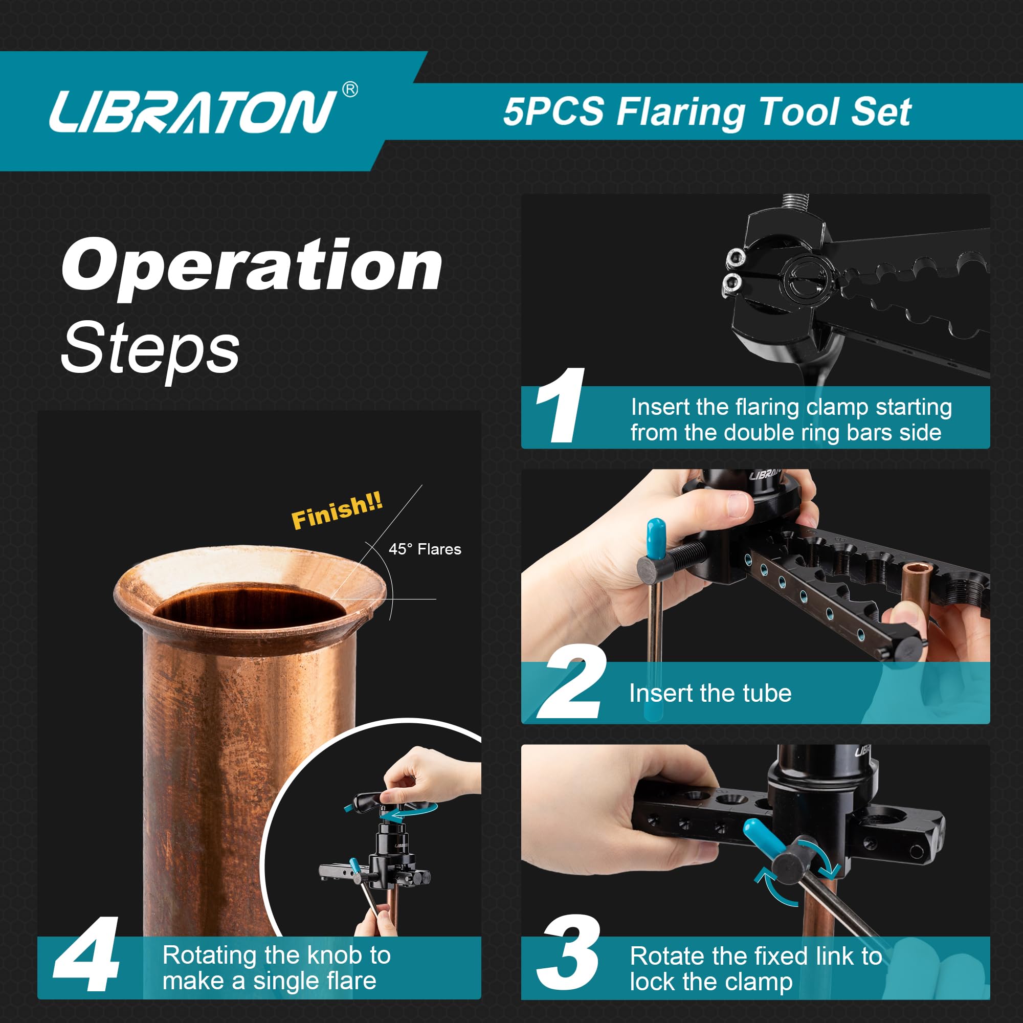 LIBRATON HVAC Flaring Tool Kit - 45° Eccentric Single Flare Tool for 1/4''-3/4'' & 6-19mm Copper Pipes - Includes Pipe Cutter & Deburring Tool for Copper/Aluminum Pipes - Perfect for HVAC Installation, Plumbing & Auto AC Repair