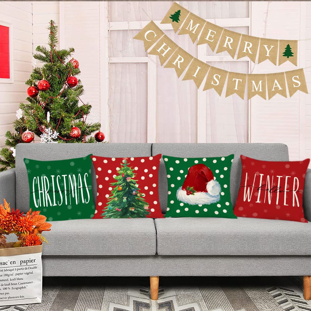 Festive Christmas Pillow Covers Set of 4 - 16x16 Inch Holiday Decorative Throw Pillow Cases with Christmas Tree, Deer & Santa Designs for Sofa, Couch, Bed - Perfect for Indoor & Outdoor Christmas Decorations (Red & Green)