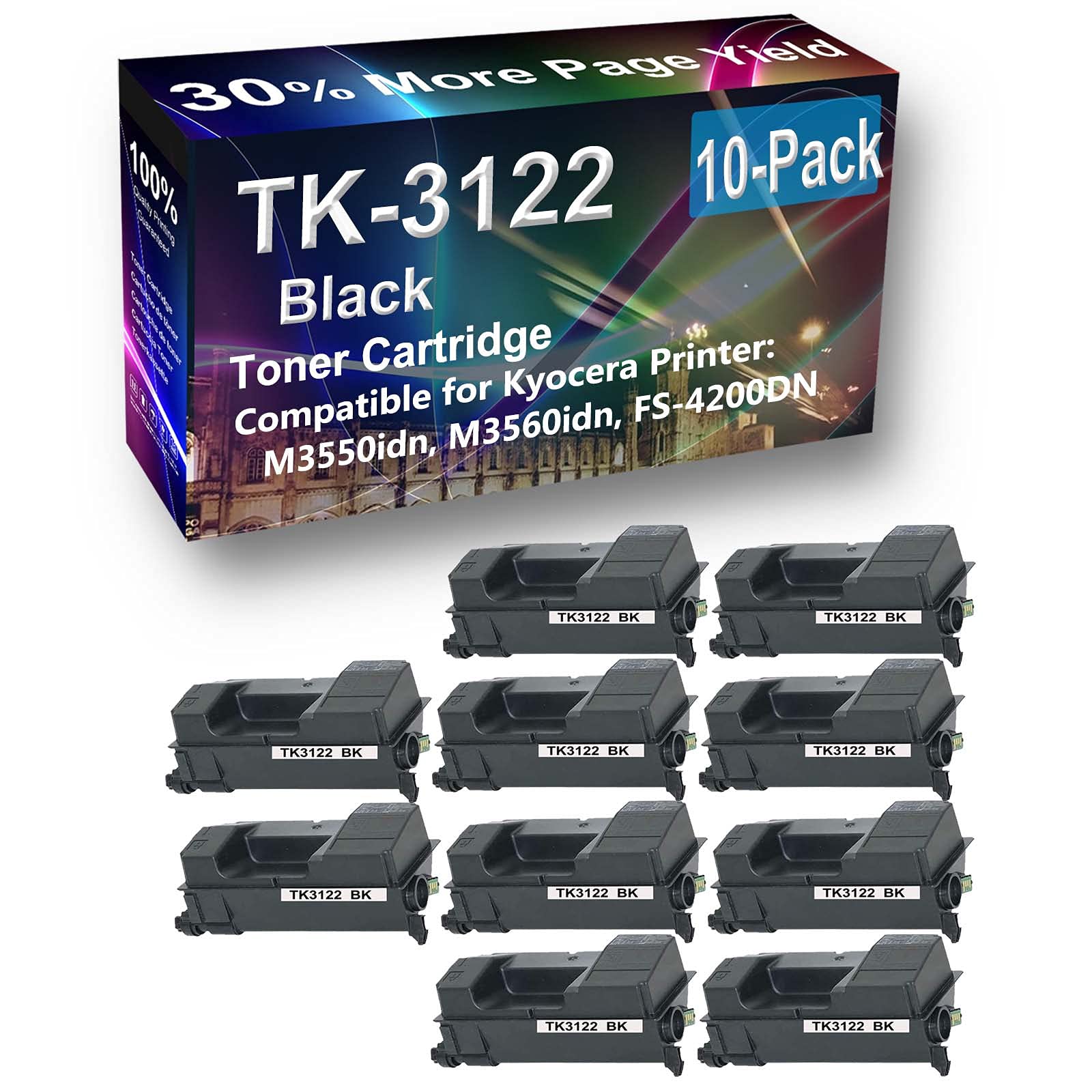 10-Pack High Capacity TK3122 (TK-3122) Compatible Toner Cartridge for Kyocera EcoSys M3560idn Printer - Black Ink Replacement for Office & Home Printing