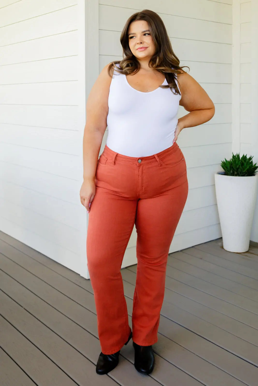 Stylish Autumn Mid Rise Slim Bootcut Jeans in Terracotta - Women's Casual Fall Pants for Work, Date Night & Weekend Outfits
