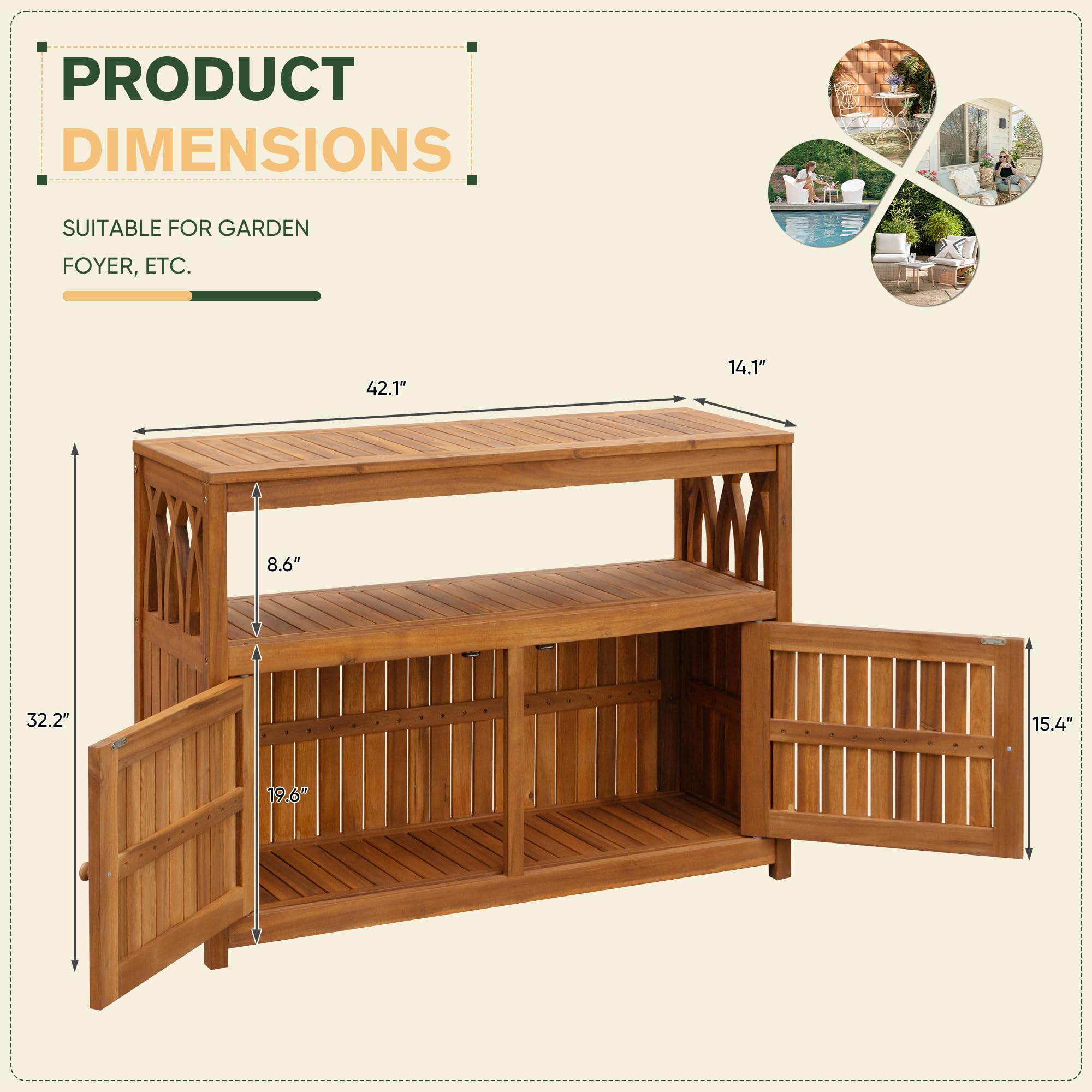 Greesum 2-Tier Acacia Wood Outdoor Storage Cabinet with Magnetic Doors - Garden, Patio, Living Room Organizer for Picnic Supplies, Buffet Serving, TV Stand or Bar Table (Brown)
