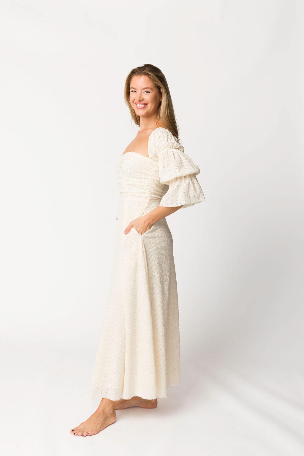Corrine Tiered Sleeve Maxi Dress with Pockets - Ivory Cream Maternity Dress for Pregnancy | Perfect for Baby Showers, Beach Vacations & Summer Weddings